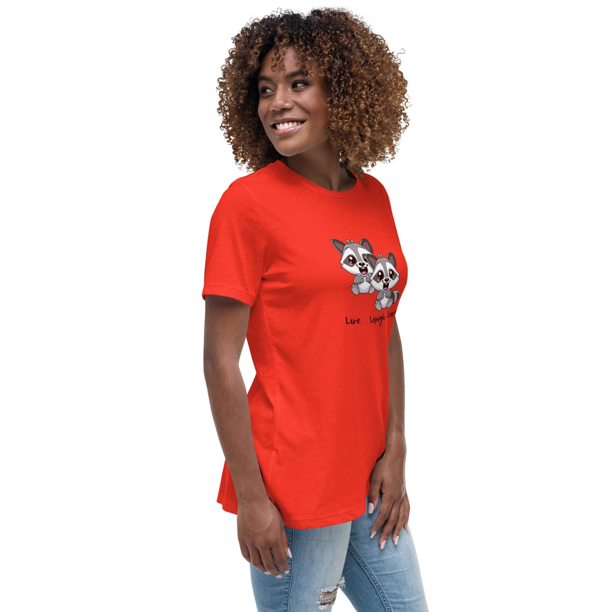 Woman wearing a red Live Laugh Loot T-Shirt with cute raccoon graphic and text on front