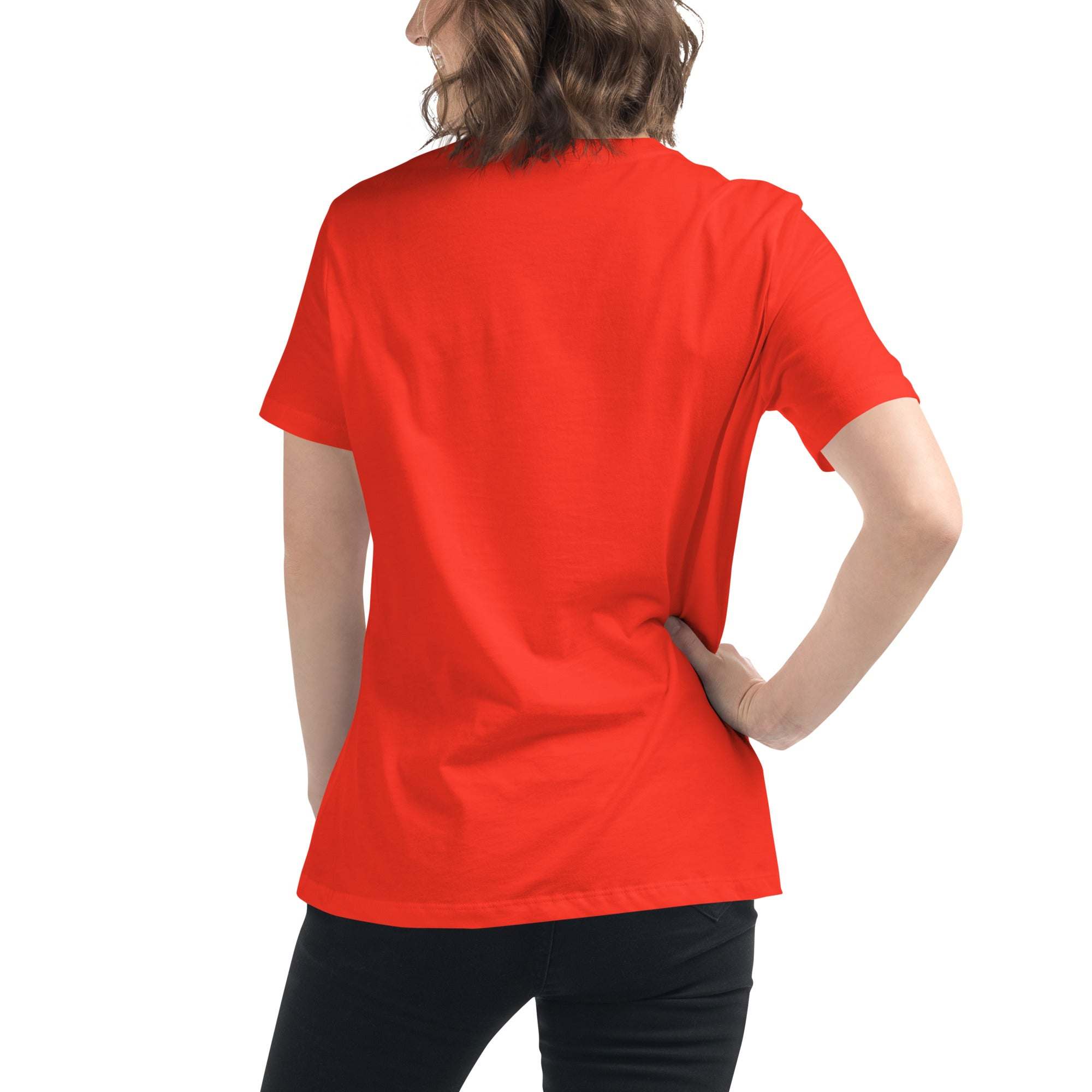 Unisex red cotton t-shirt shown from back, minimalist speechless face line art style, soft and casual wear