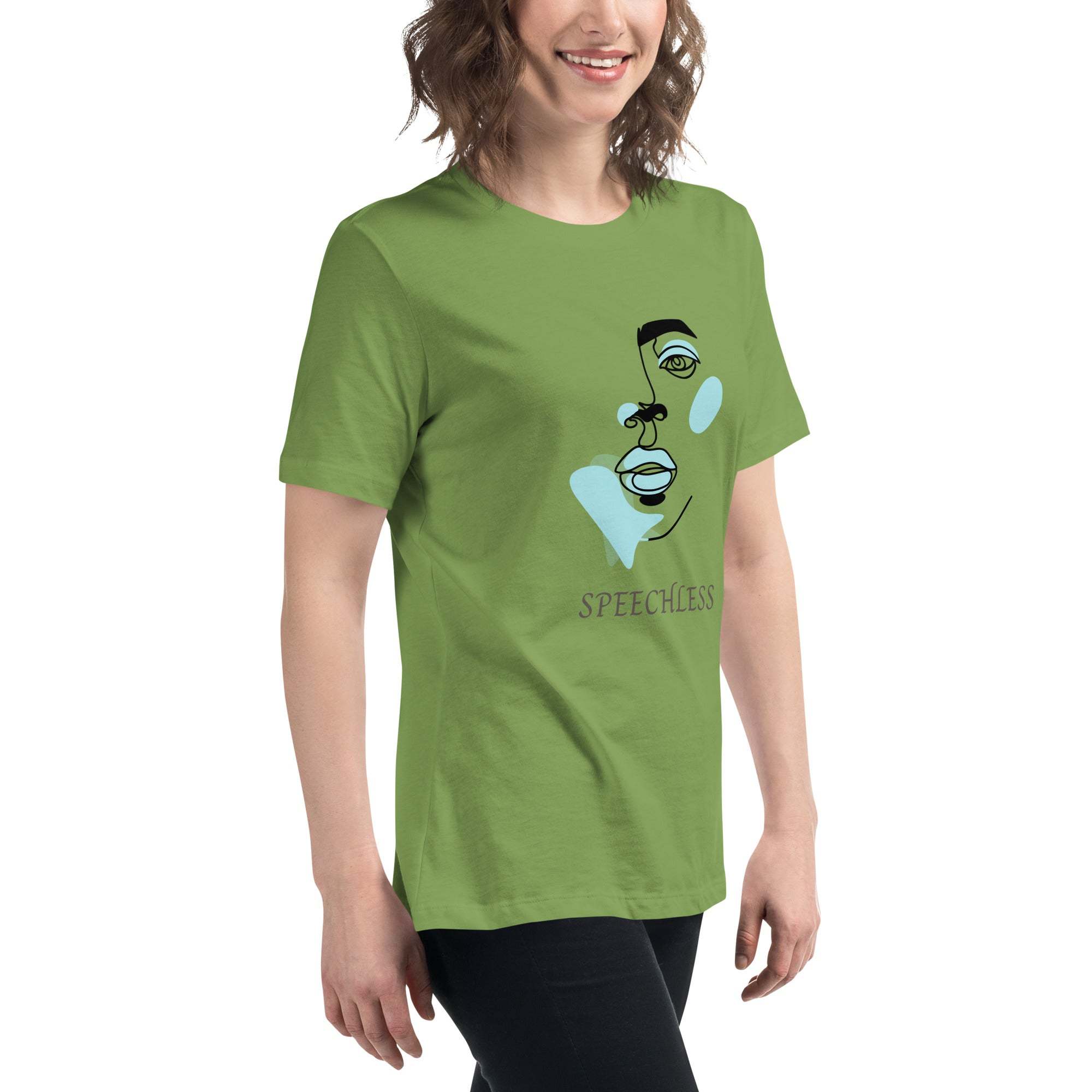 Woman wearing green minimalist speechless face line art graphic t-shirt made of soft cotton