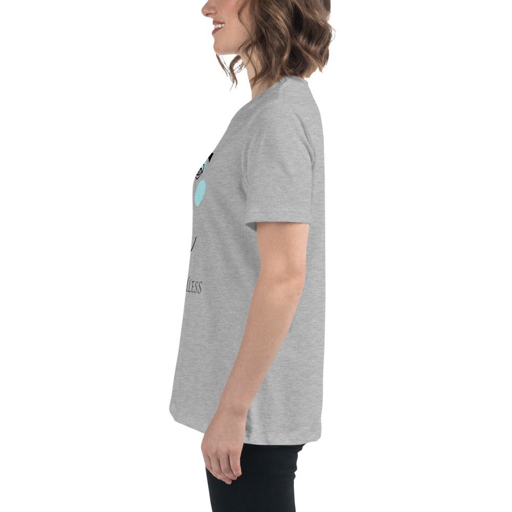 Side view of a grey minimalist speechless face line art t-shirt worn by a woman
