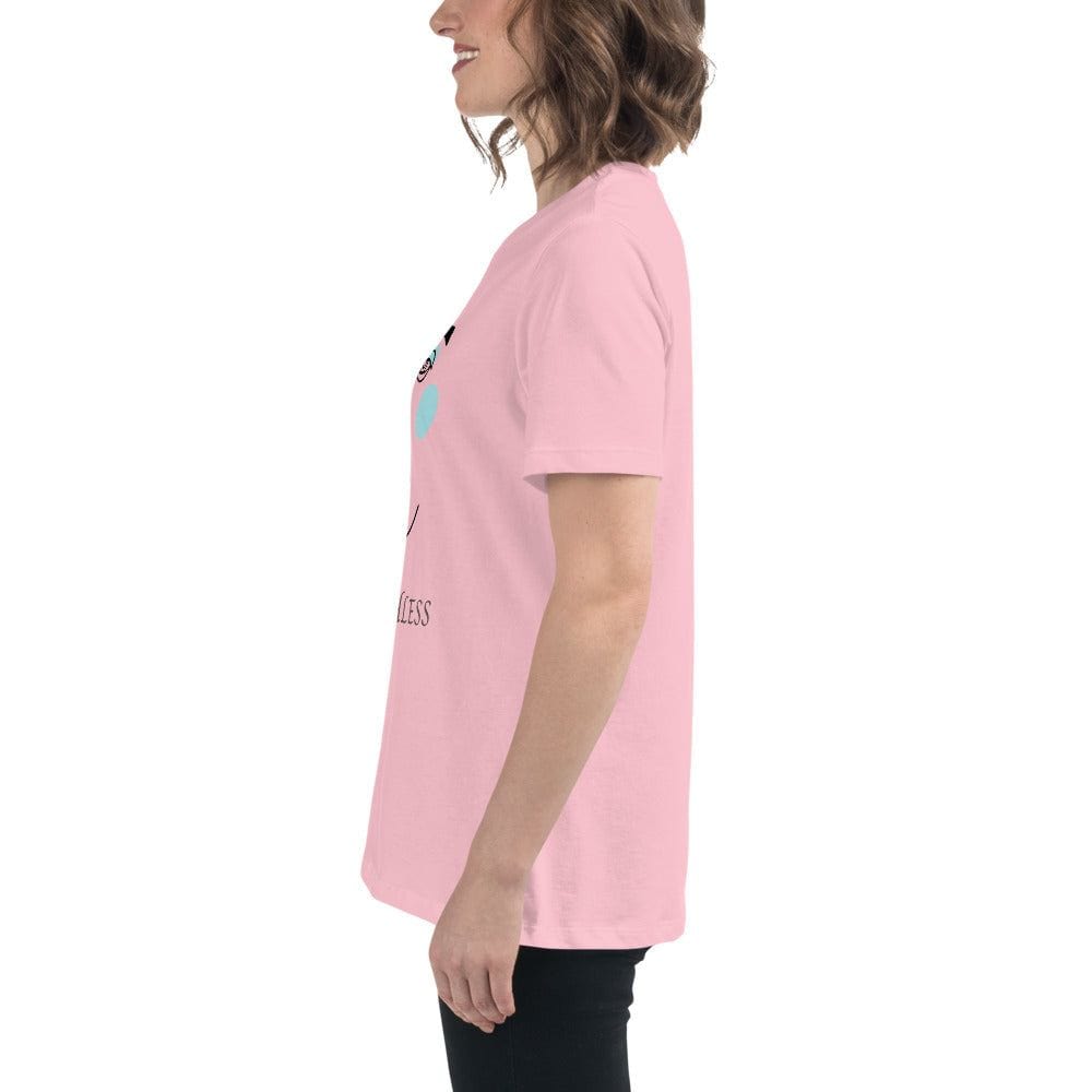 Pink minimalist speechless face line art graphic t-shirt worn by a woman in side profile, made of soft cotton, unisex style.