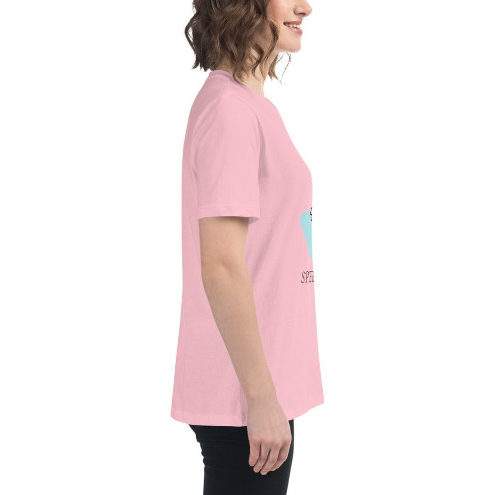 Woman wearing a pink Minimalist Speechless Face Line Art T-Shirt in side view, featuring abstract modern line art design on soft cotton fabric.