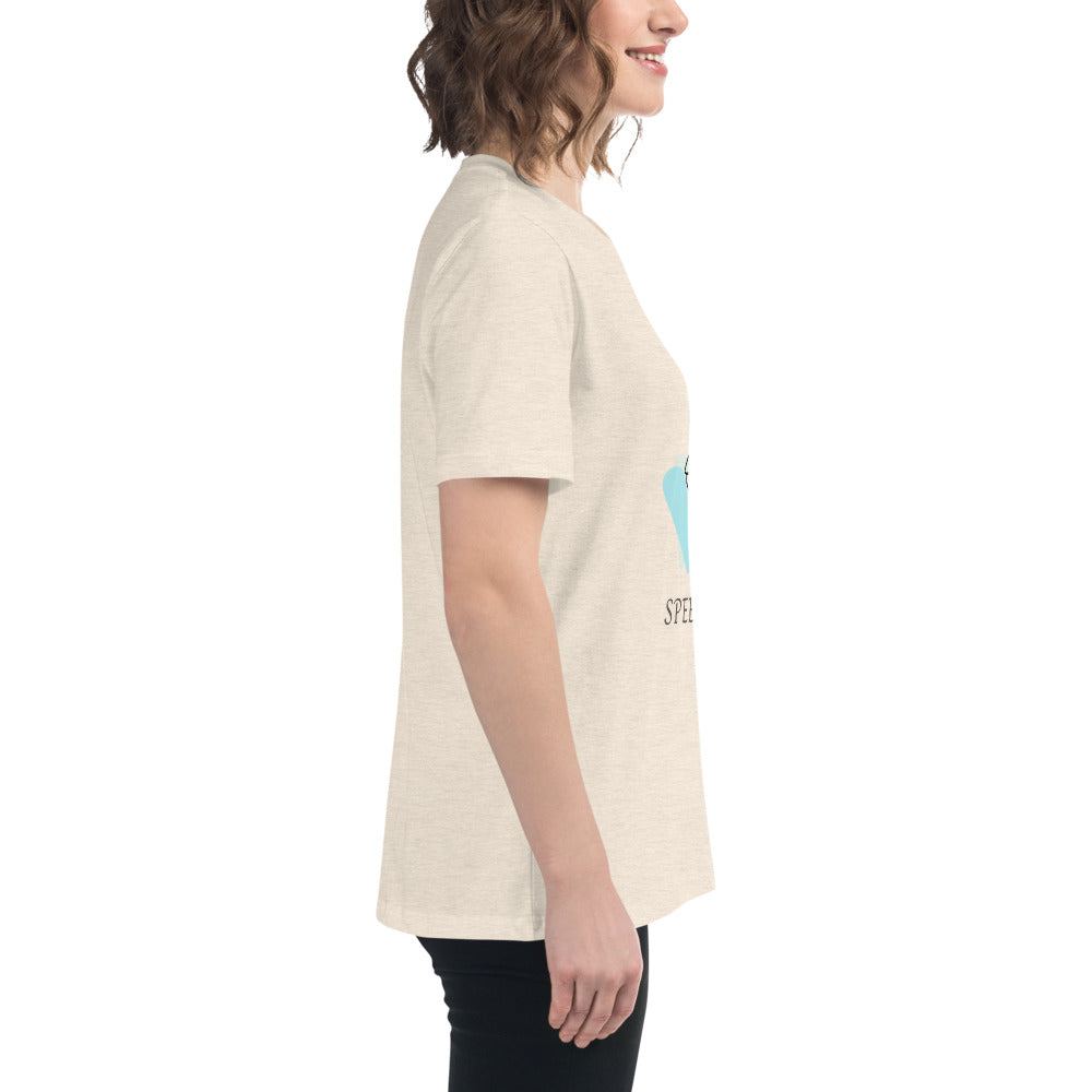 Woman wearing beige Minimalist Speechless Face Line Art T-Shirt with abstract speechless face graphic, side view.