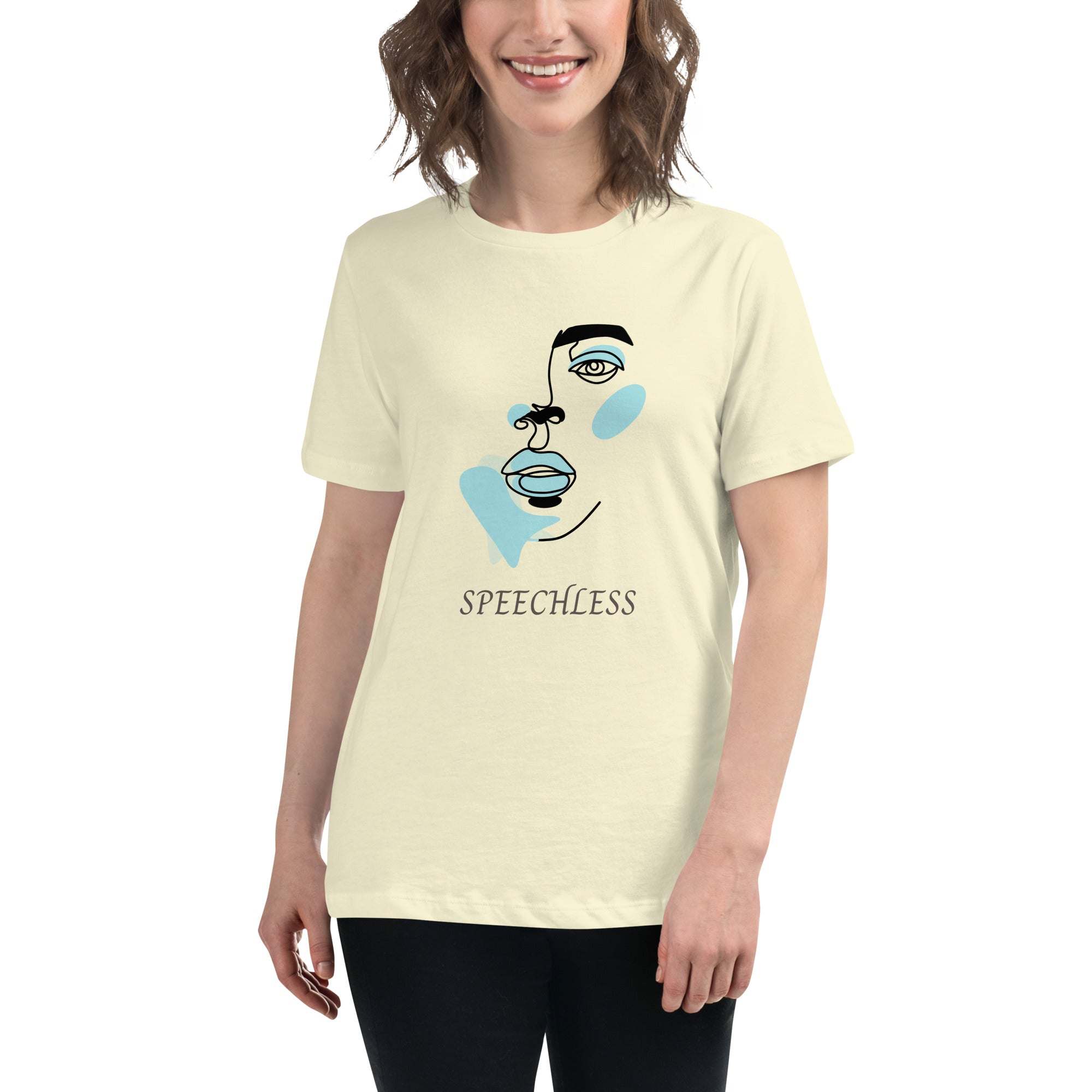 Woman wearing minimalist speechless face line art t-shirt with abstract blue accents on cream cotton fabric