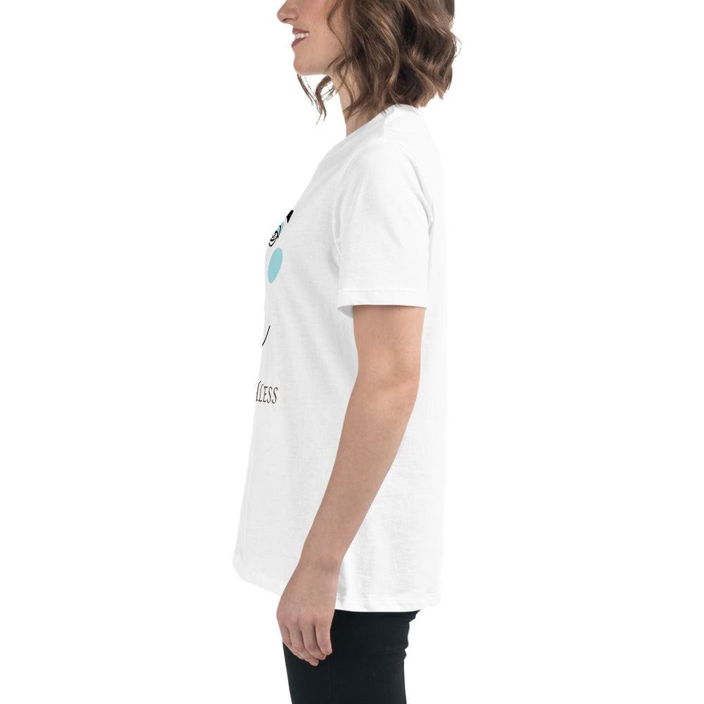 Woman wearing white Minimalist Speechless Face Line Art T-Shirt with abstract face graphic, side view