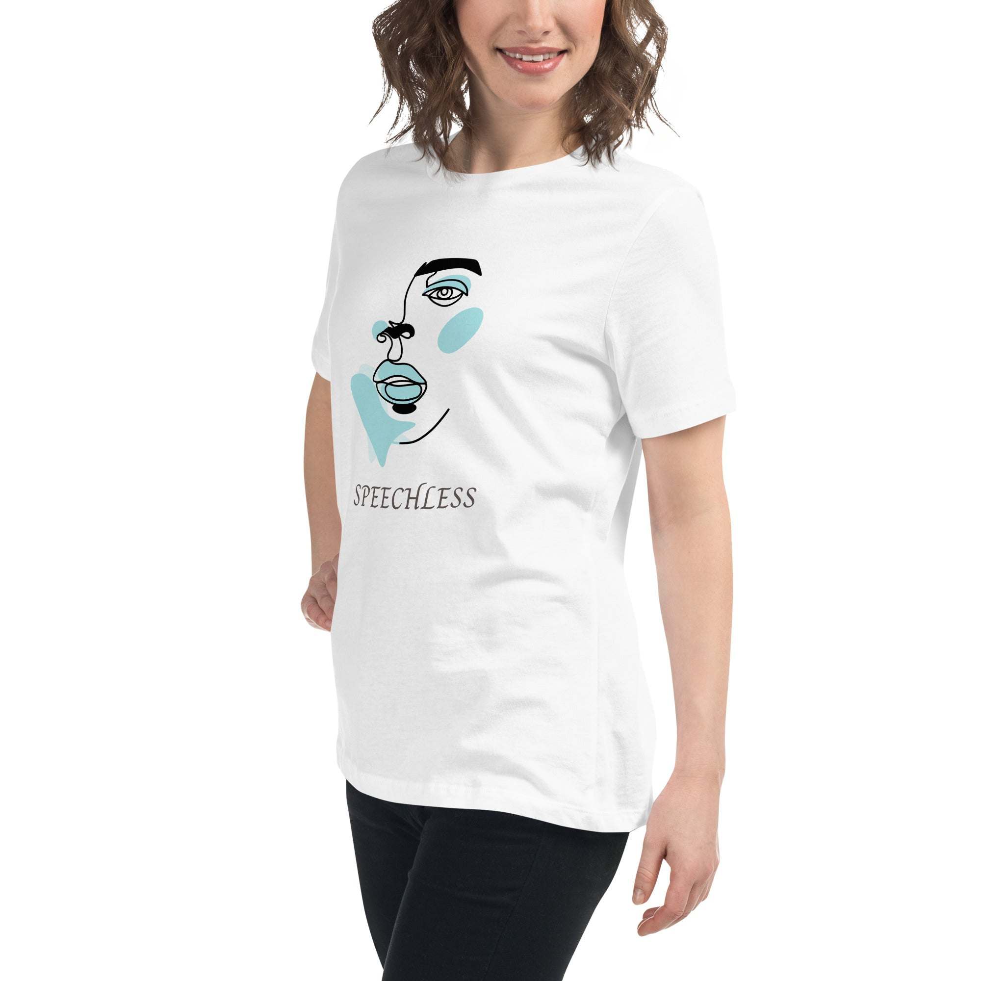 Woman wearing white minimalist speechless face line art t-shirt with abstract blue and black graphic design.
