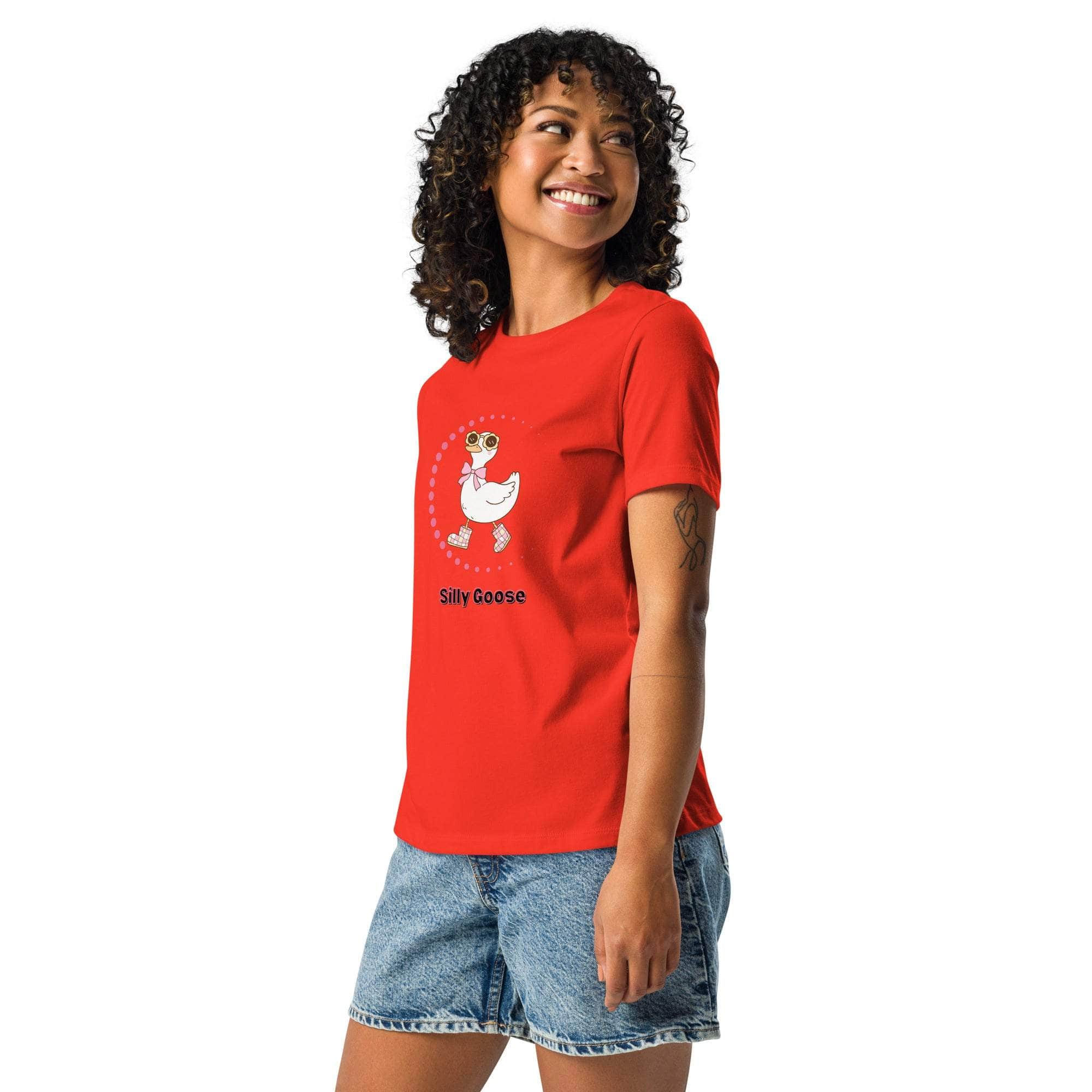 Woman wearing red Silly Goose Graphic T-Shirt with playful goose illustration and text paired with denim shorts