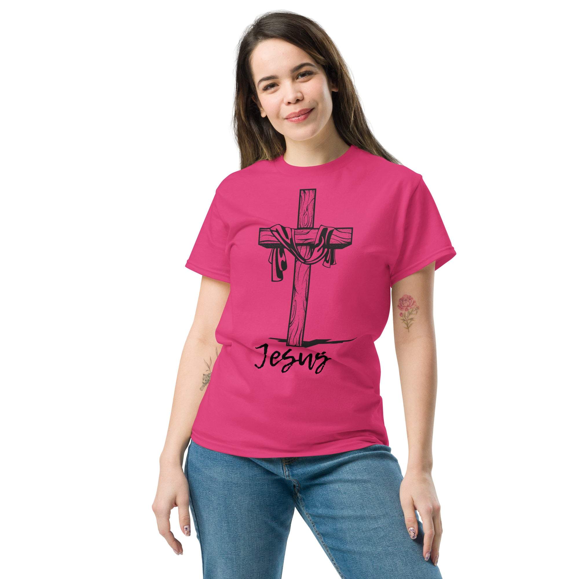 Woman wearing pink Christian Cross T-Shirt with Jesus graphic, casual faith-inspired apparel