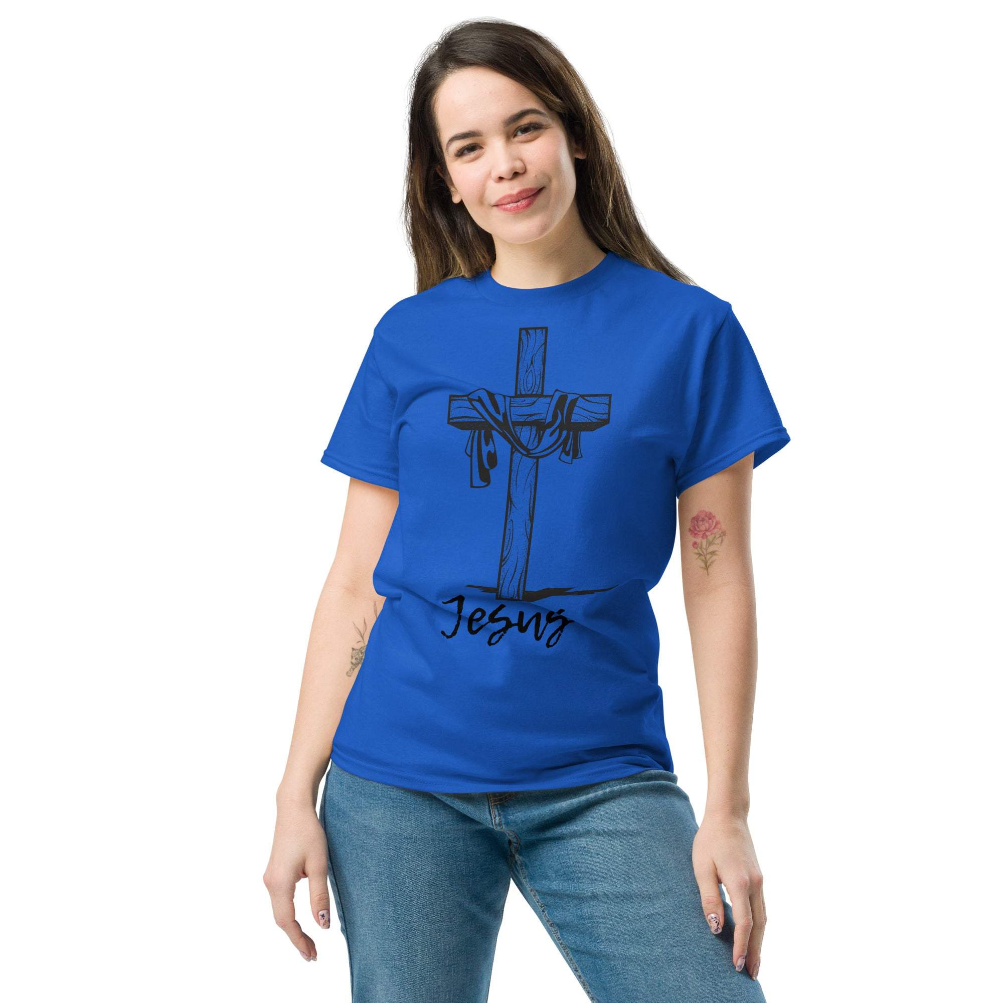 Woman wearing blue Christian Cross T-Shirt with Jesus graphic, faith-based casual shirt