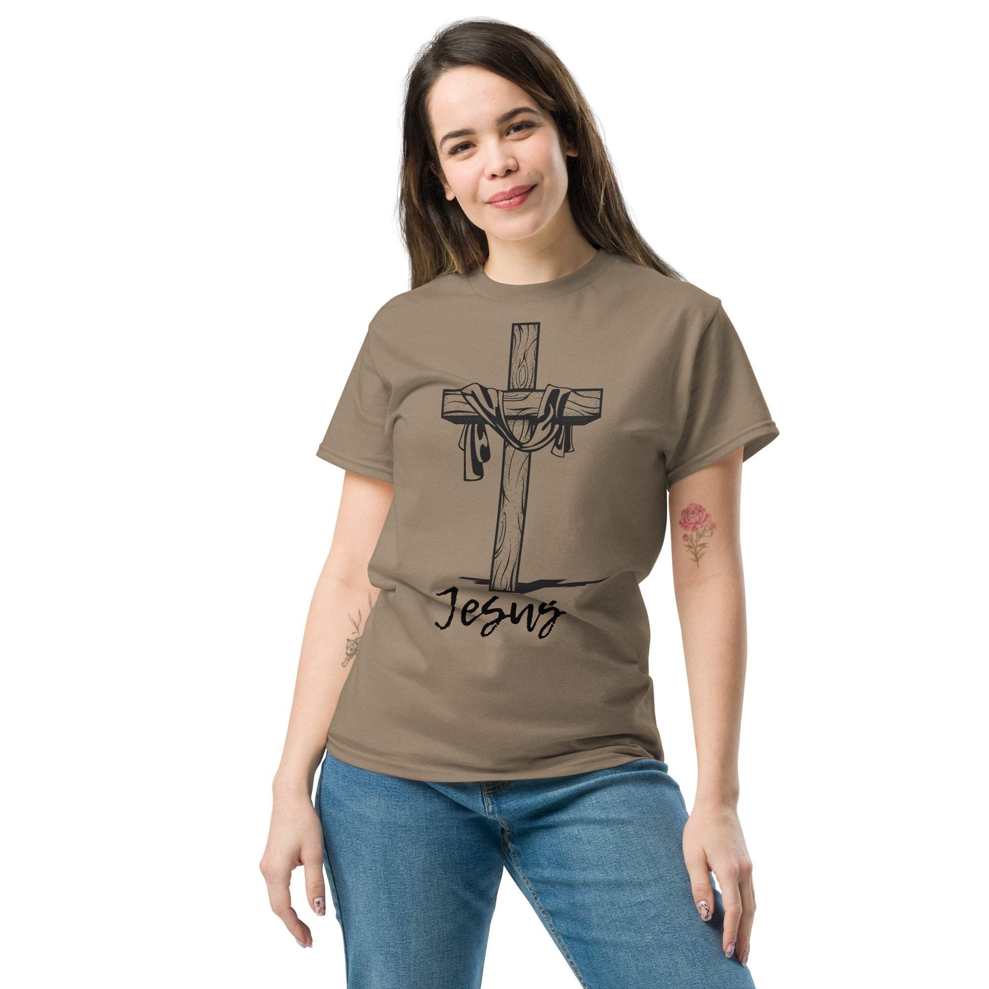 Christian Cross T-Shirt with Jesus graphic worn by woman, faith-themed brown tee with inspirational design