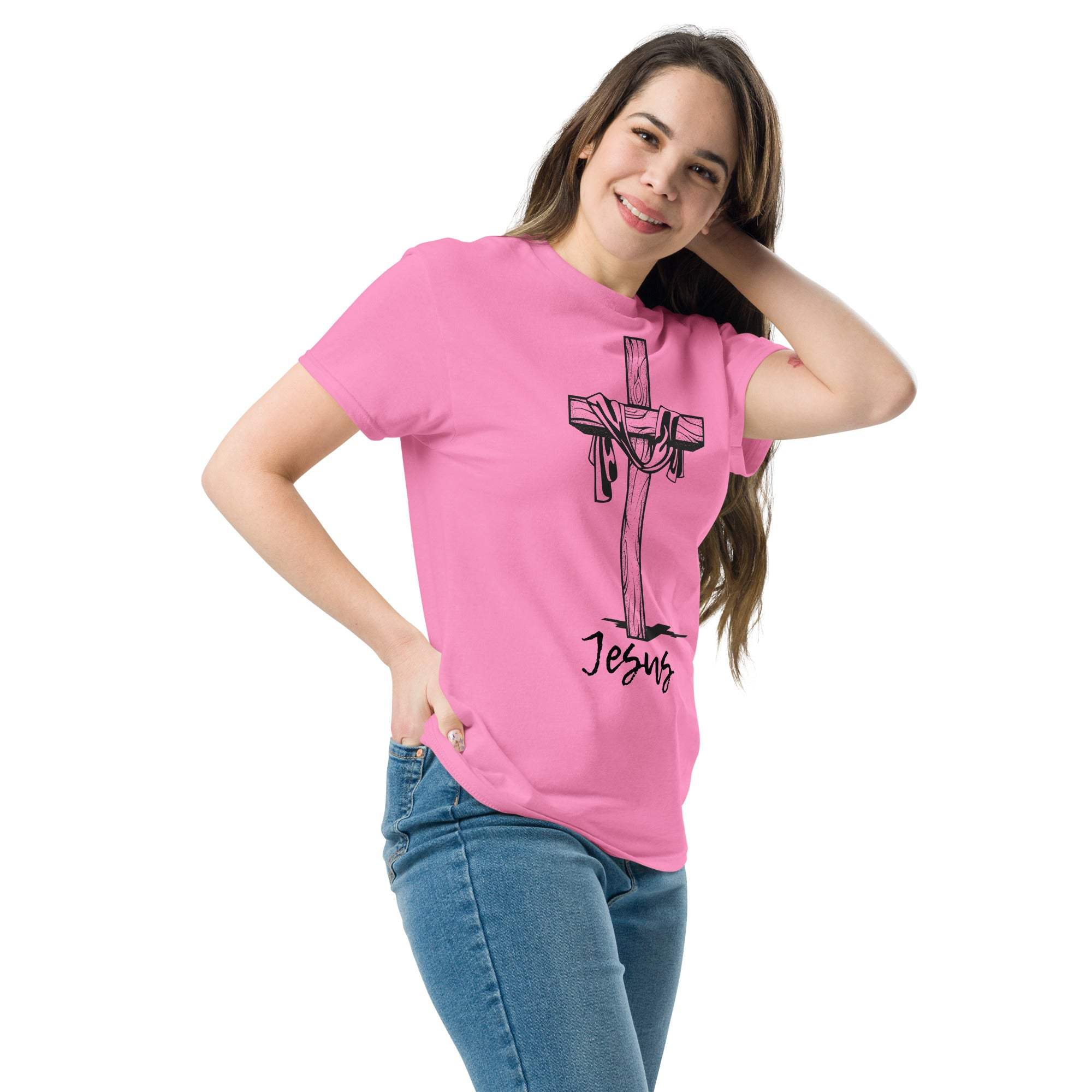 Woman wearing pink Christian Cross T-Shirt with Jesus graphic and Bible verse design