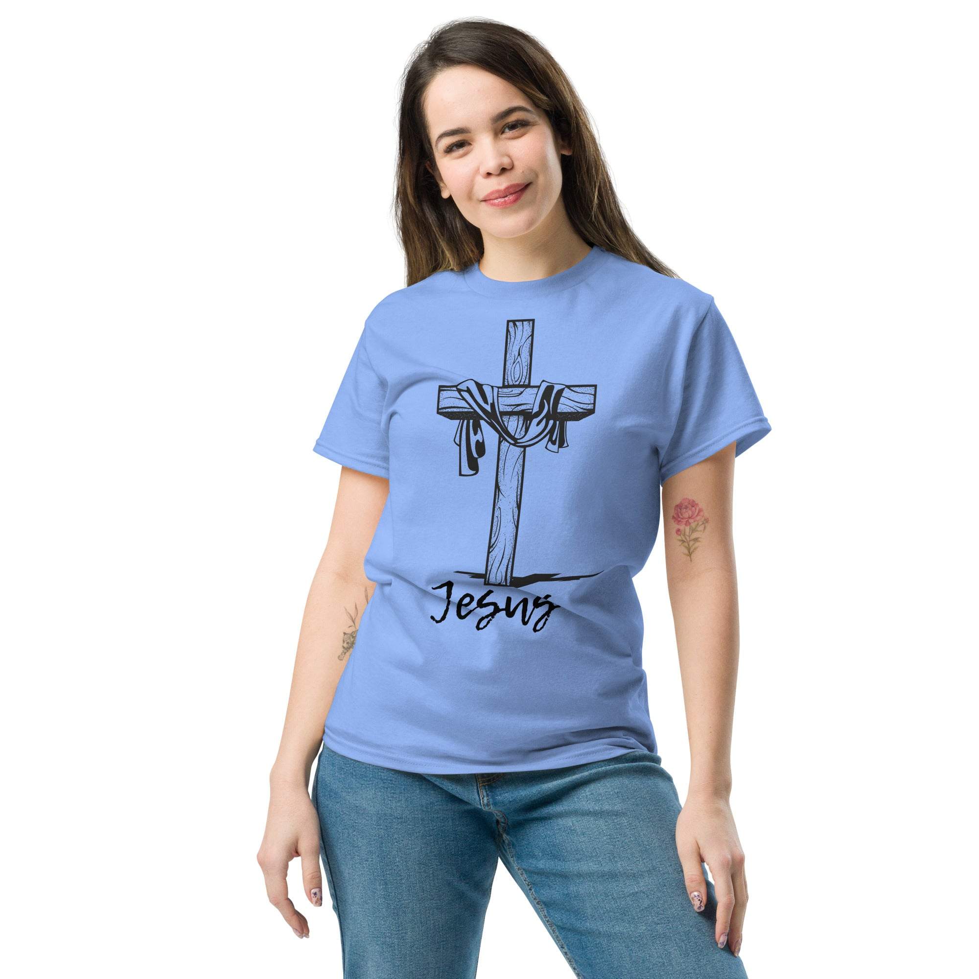 Woman wearing blue Christian Cross T-Shirt with Jesus graphic and faith design