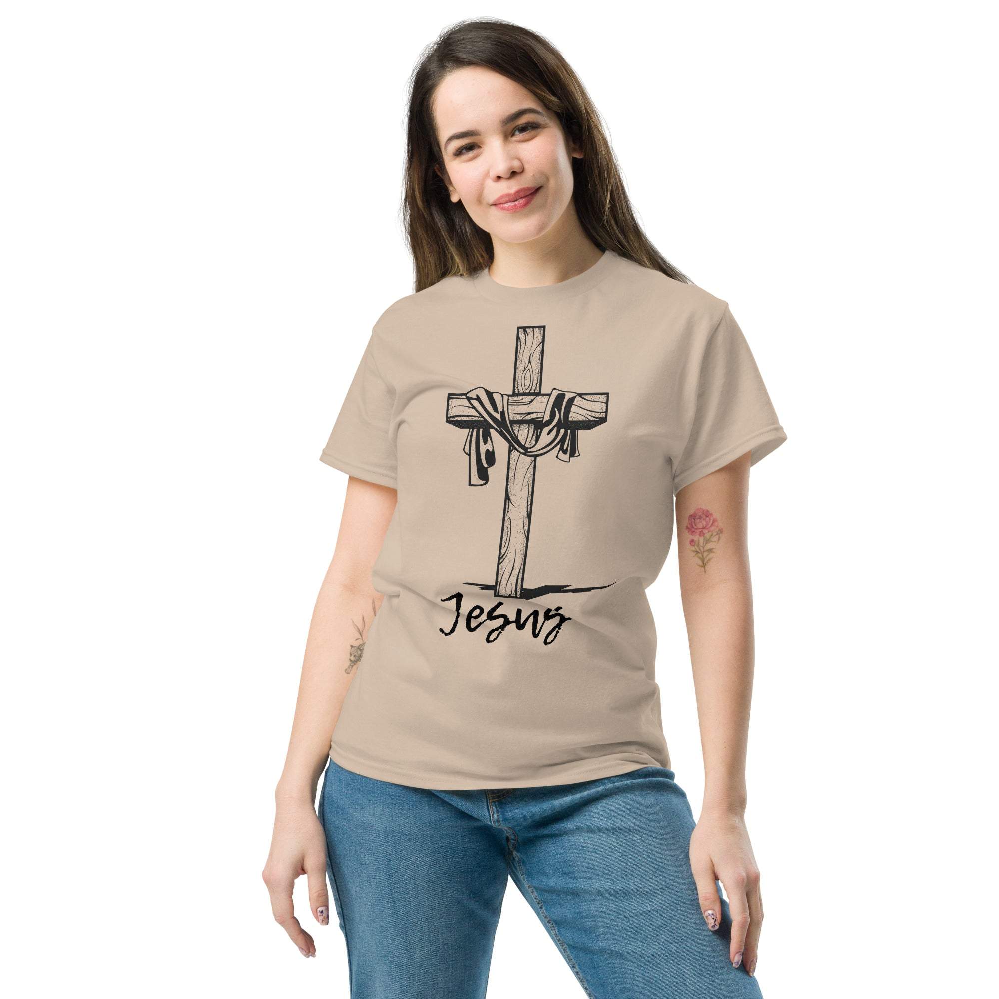 Woman wearing beige Christian Cross T-Shirt with Jesus graphic and faith design