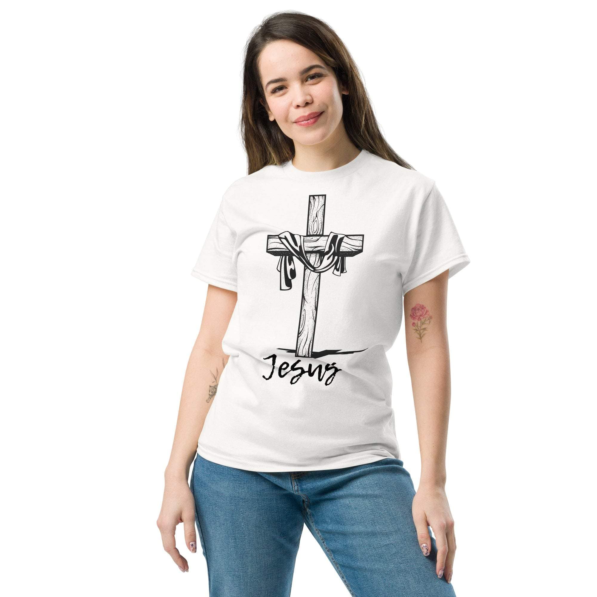 Woman wearing white Christian Cross T-Shirt with Jesus graphic and Bible verse design