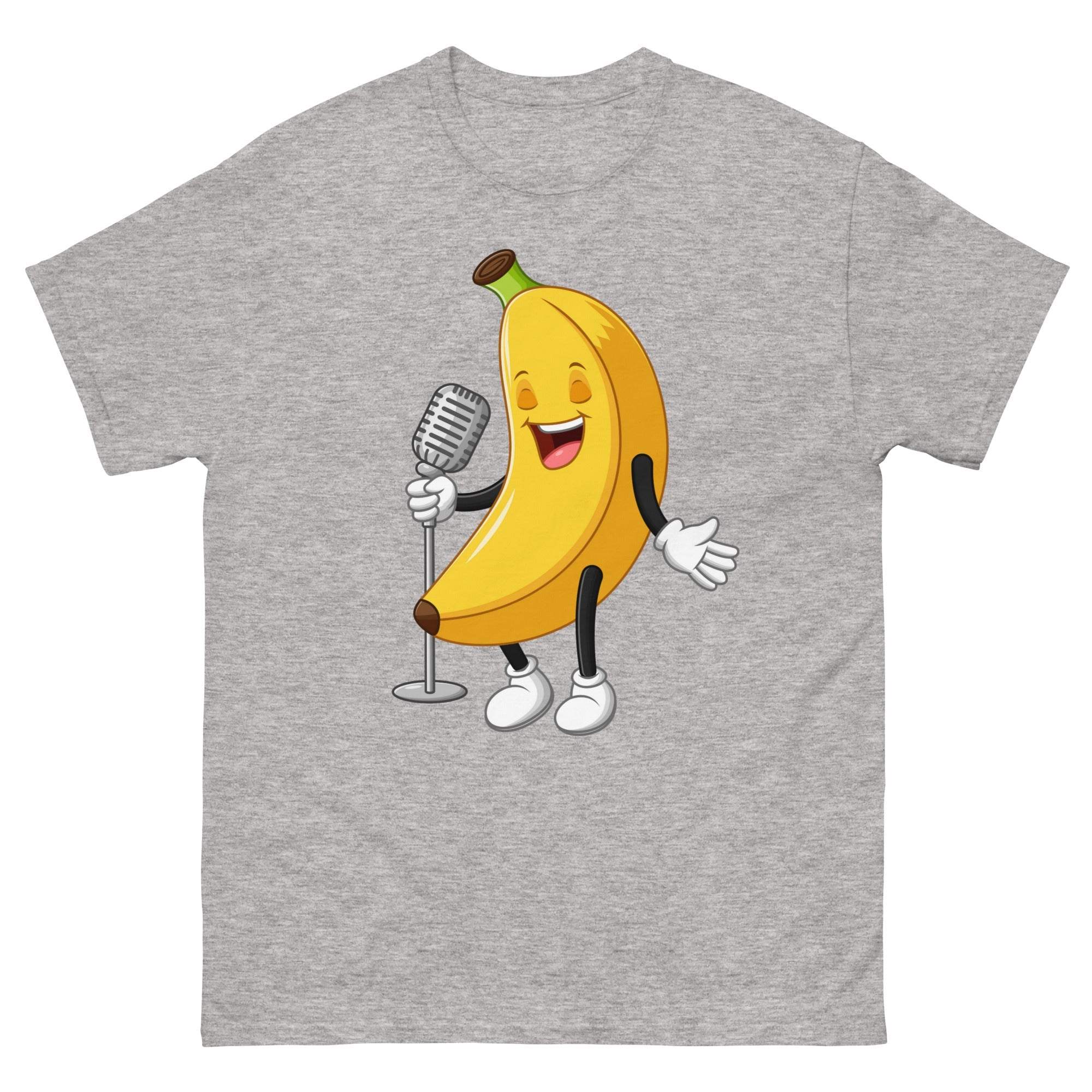 Funny Singing Banana T-Shirt with retro funky graphic design and bright yellow banana character singing joyfully on a soft cotton tee