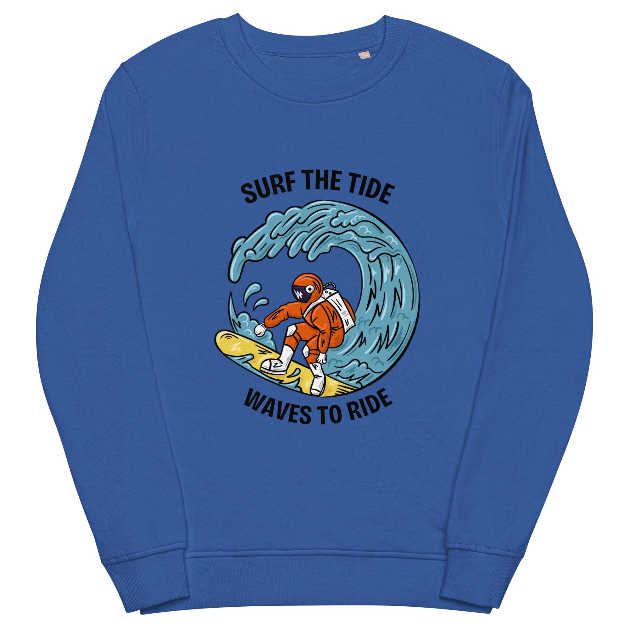 Blue surfing sweatshirt with retro surfing astronaut and wave graphic, unisex crewneck, soft breathable fabric, casual beachwear style