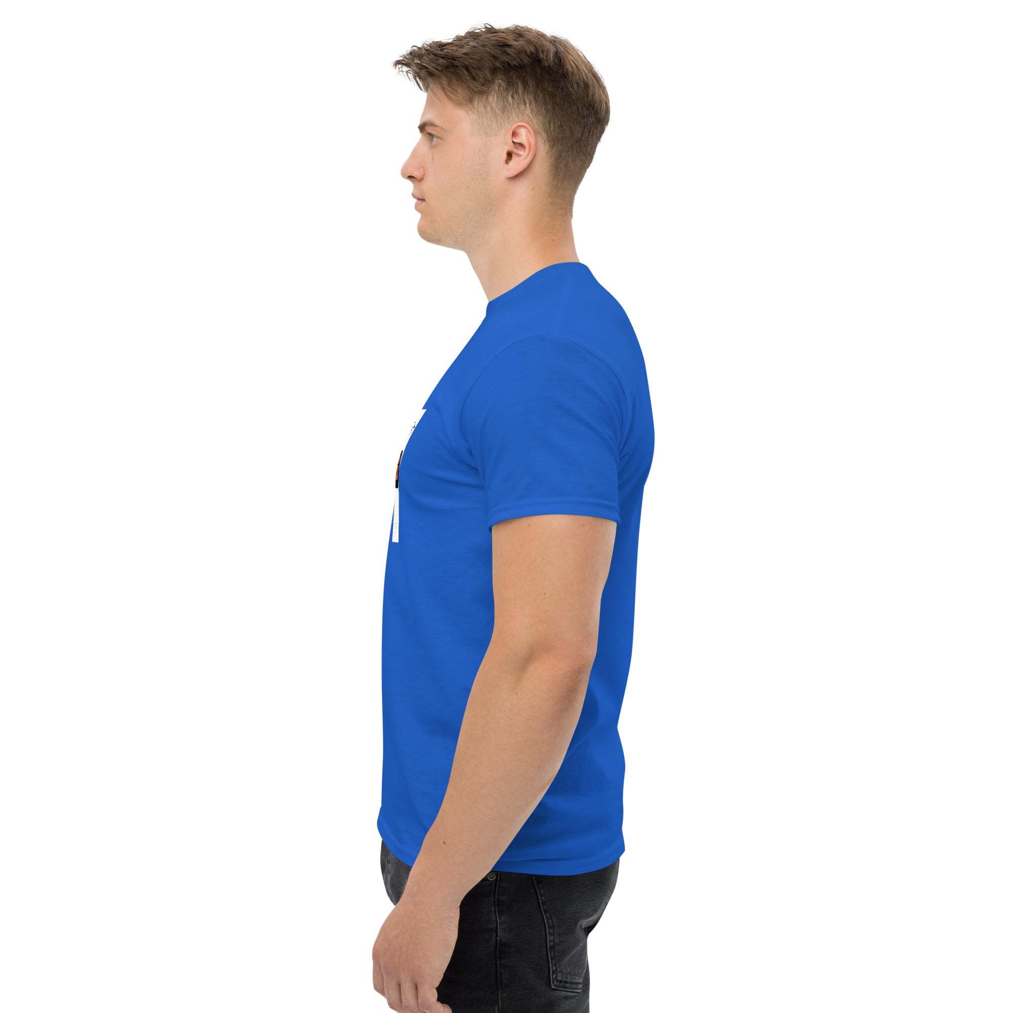 Side view of man wearing blue trendy graphic t-shirt with motivational quote print