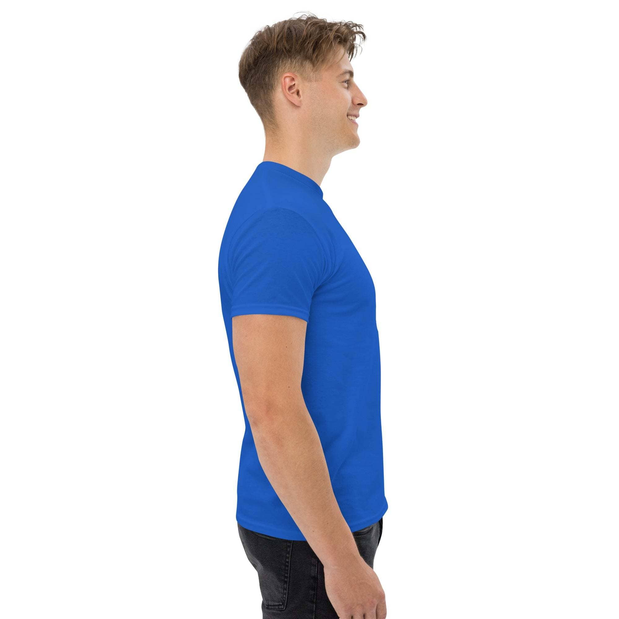 Side view of a man wearing a blue trendy graphic t-shirt for casual street style