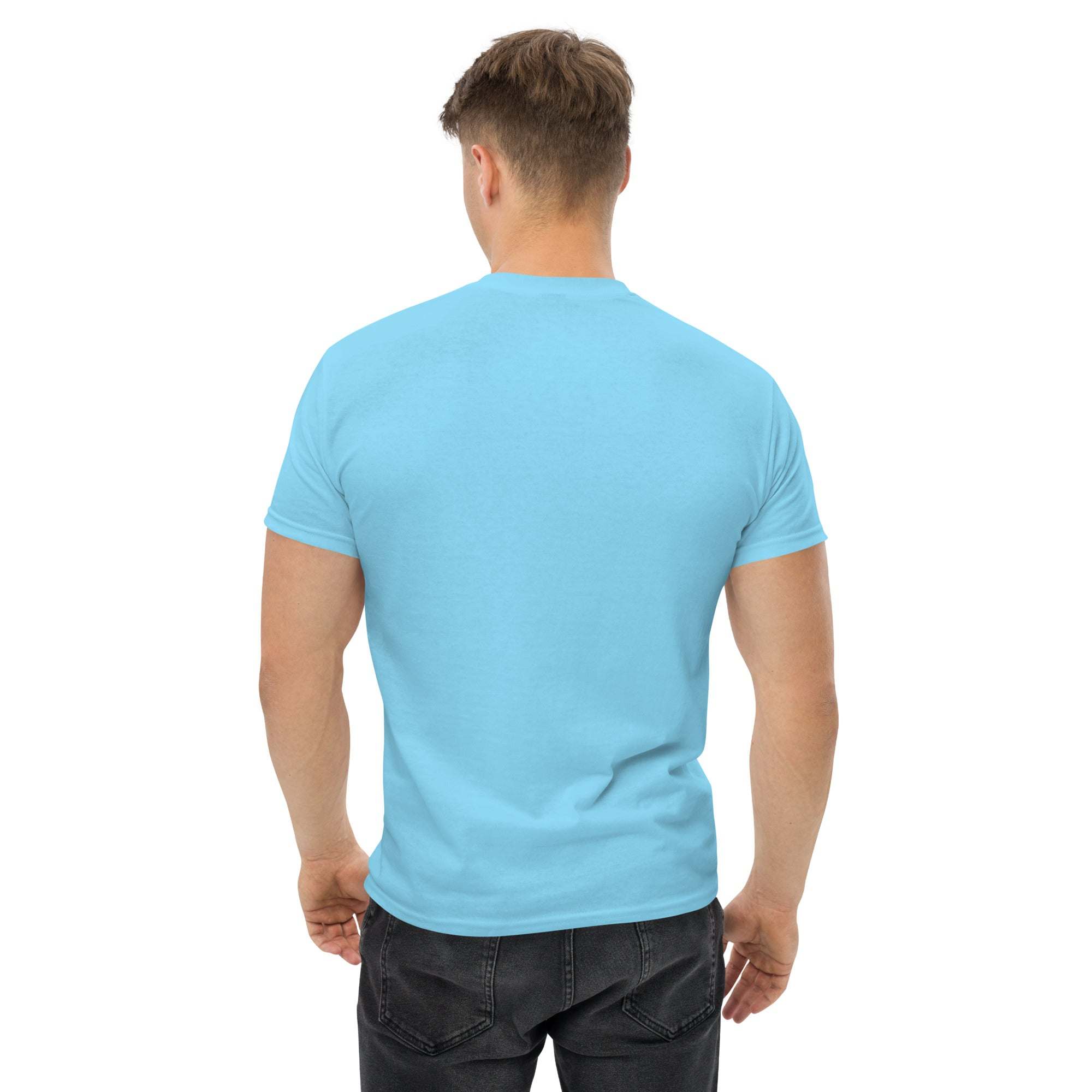 Back view of man wearing light blue Trendy Graphic T-Shirt in casual streetwear style