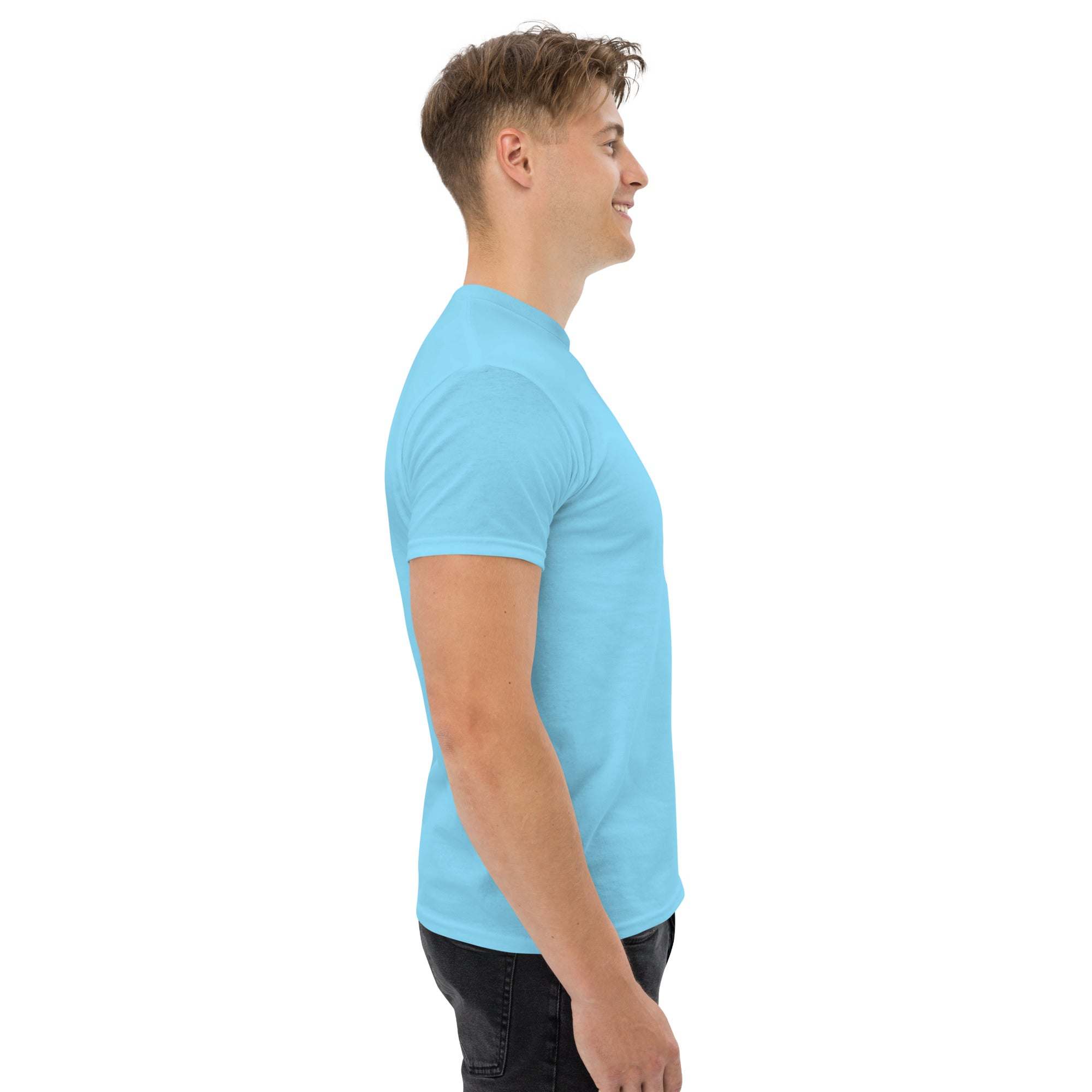 man wearing light blue trendy graphic t-shirt side view casual streetwear summer style