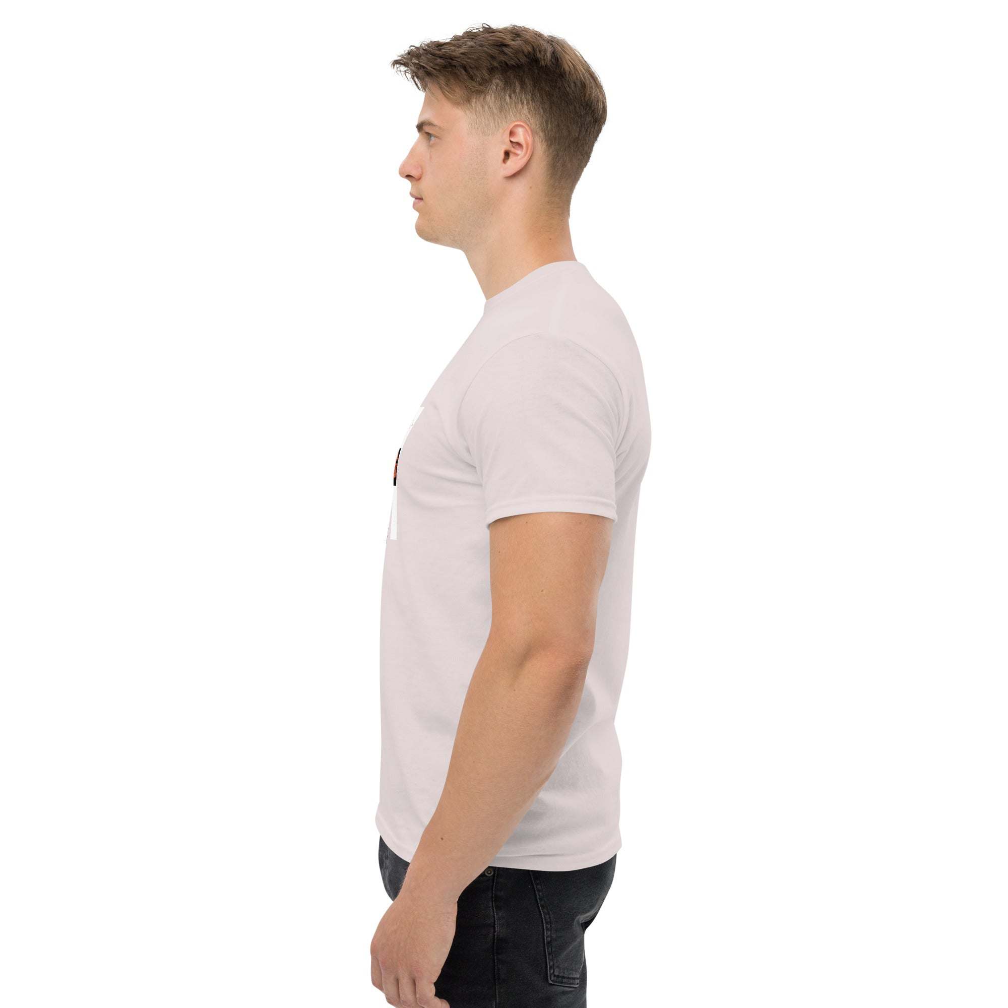 Side view of man wearing white trendy graphic t-shirt with motivational quote print