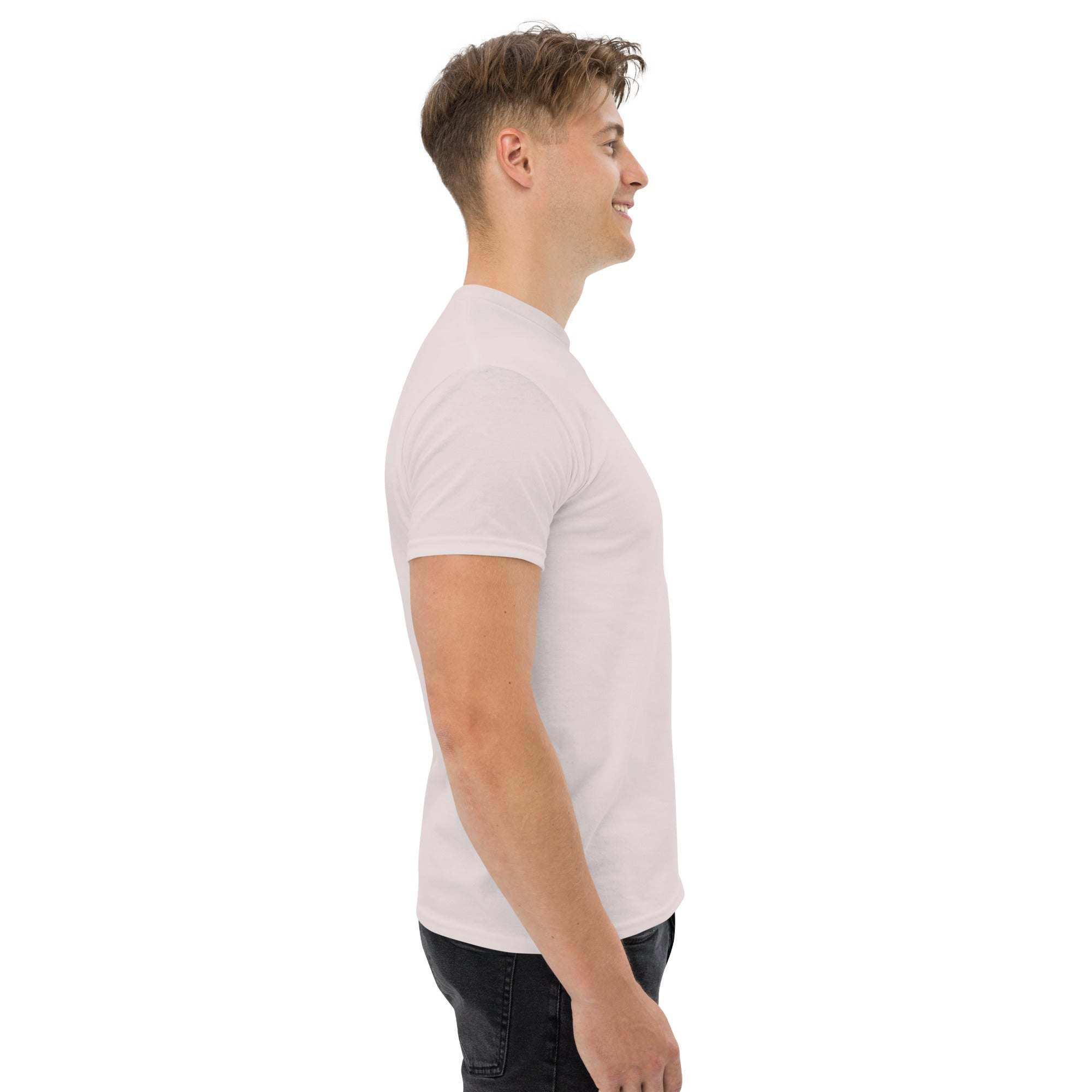 Man wearing plain white trendy graphic t-shirt side view