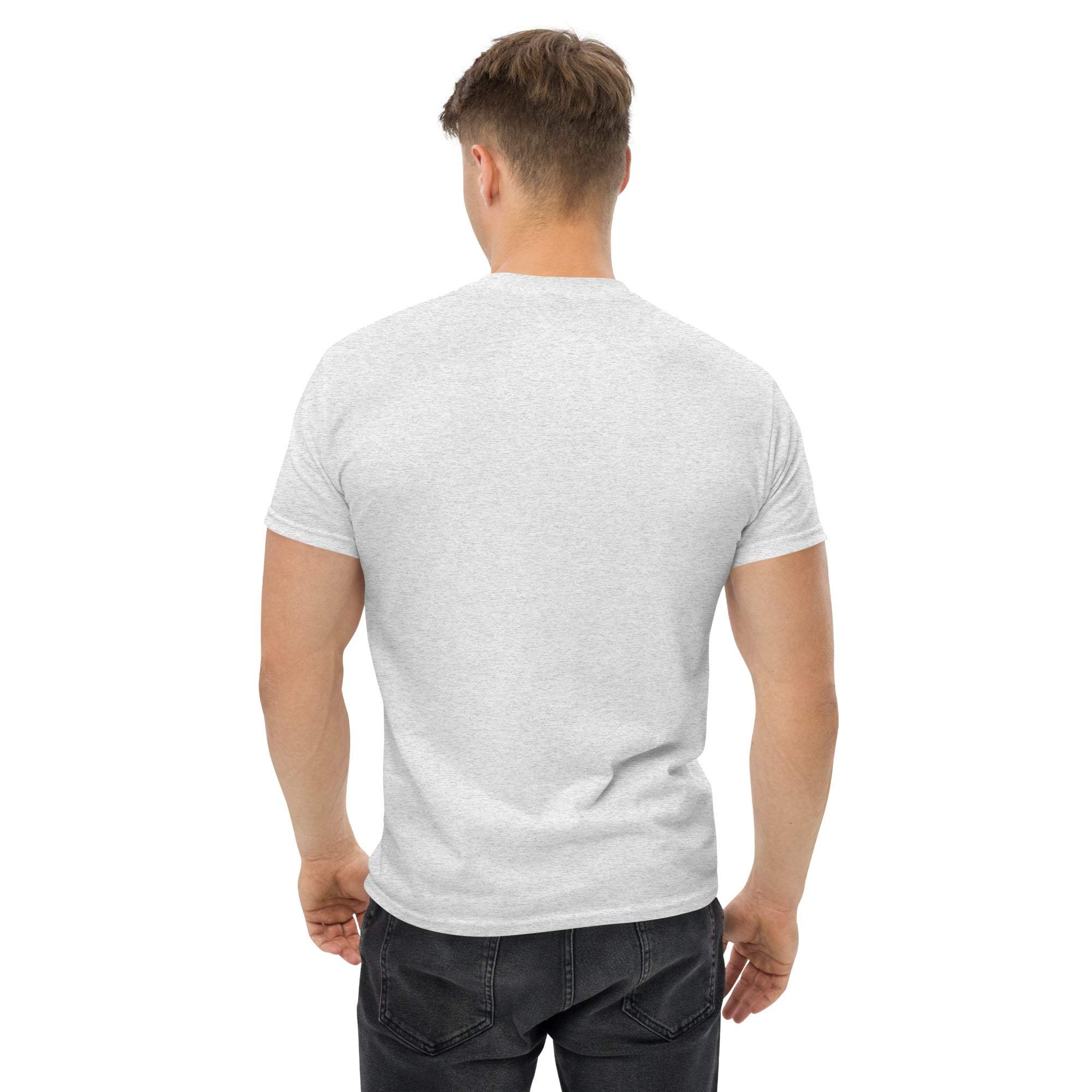 Male model wearing plain light gray trendy graphic t-shirt from the back, casual streetwear style