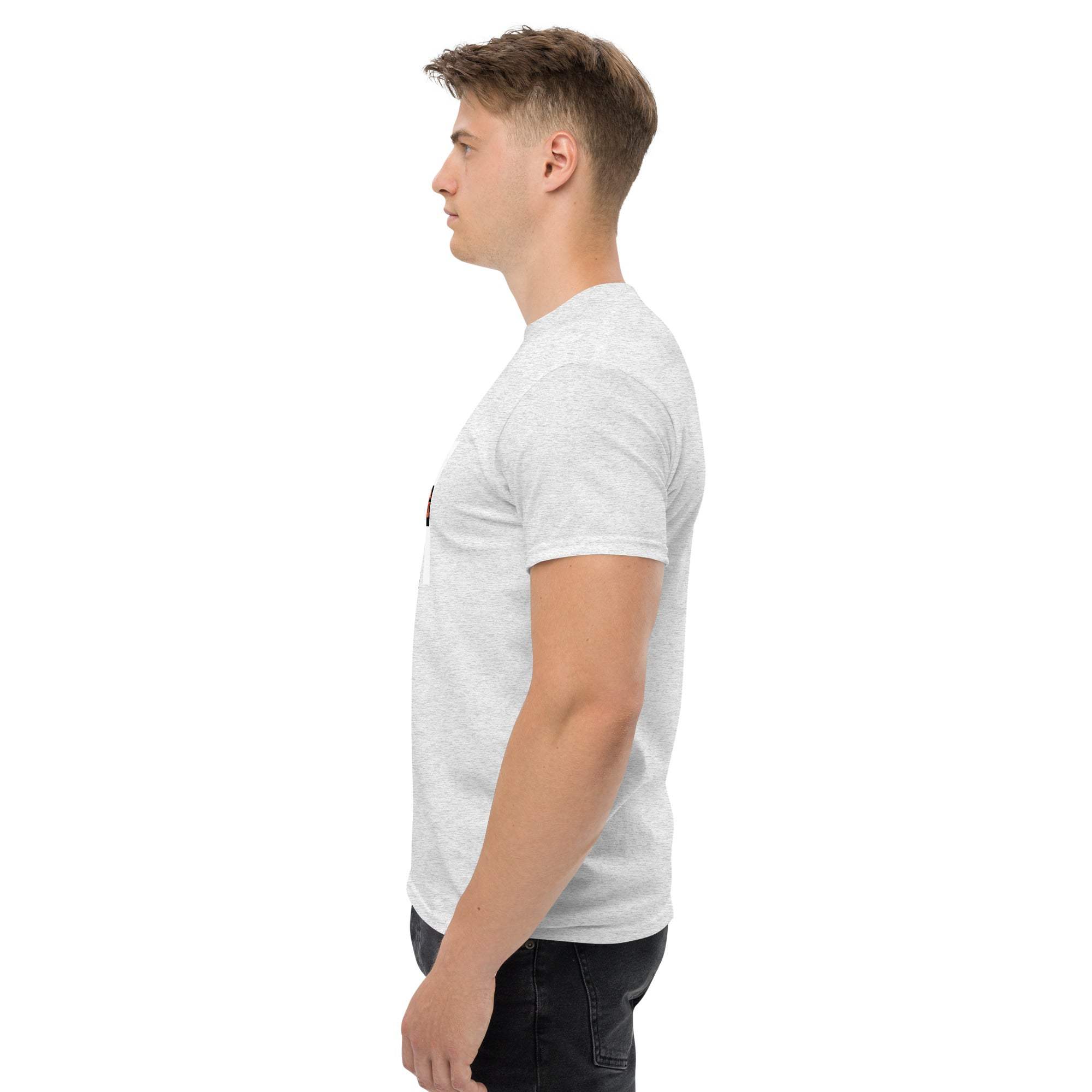Man wearing a white trendy graphic t-shirt with motivational quote, side view
