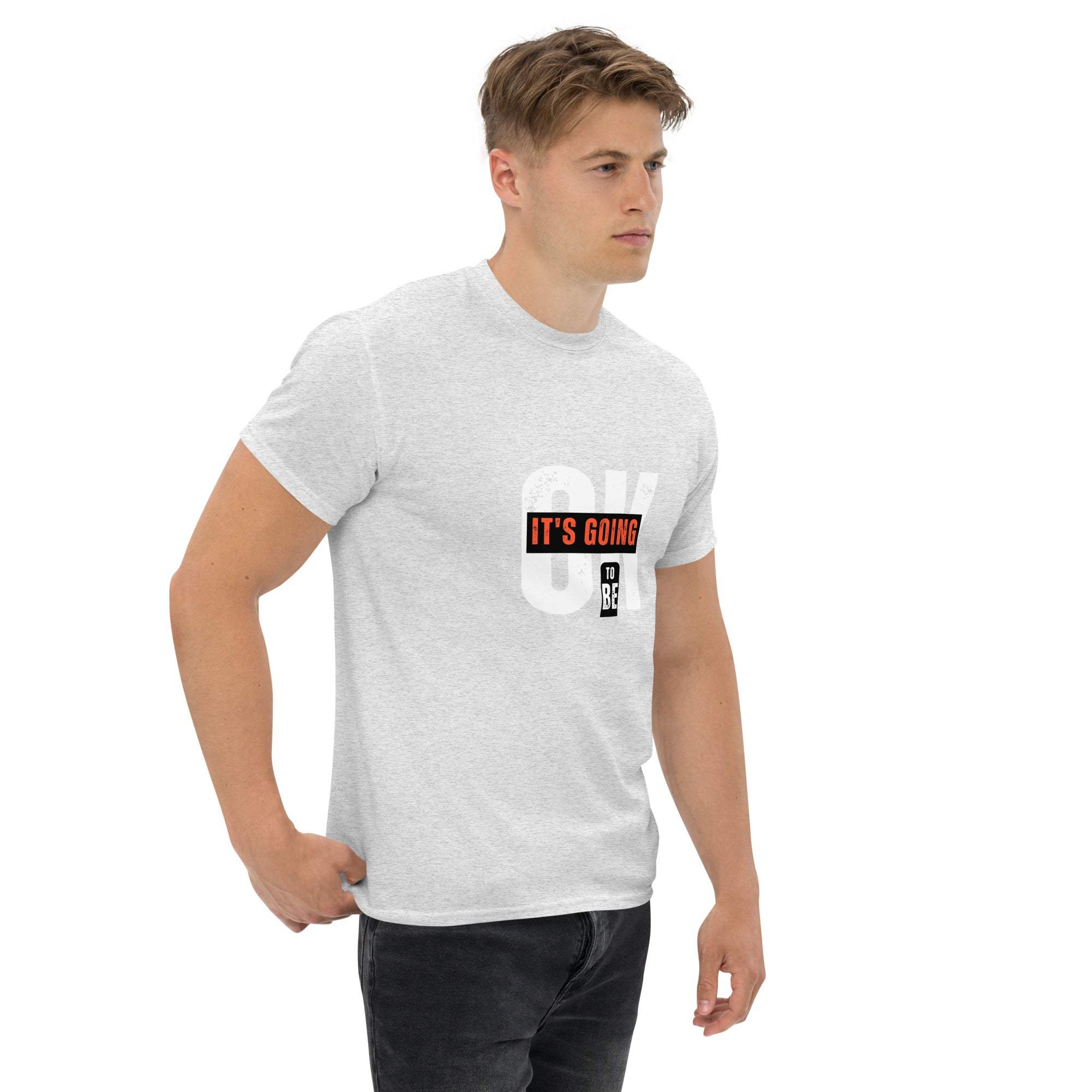 Man wearing a white trendy graphic t-shirt with motivational quote, casual streetwear summer style