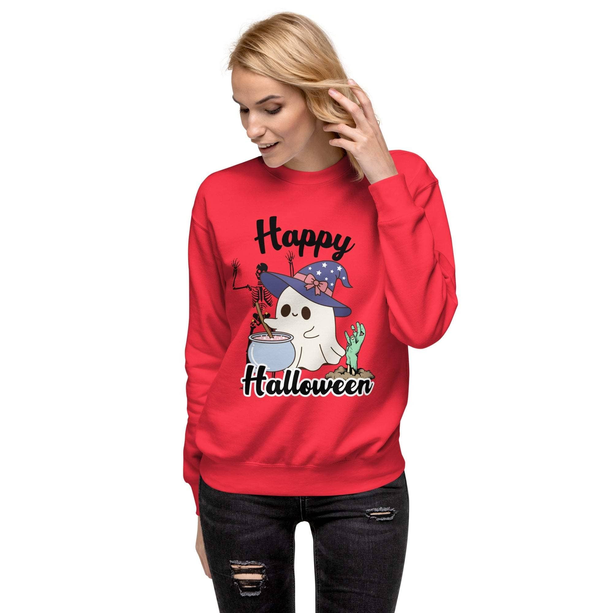 Cute Halloween sweatshirt with ghost, witch, skeleton, and cauldron design on soft crewneck