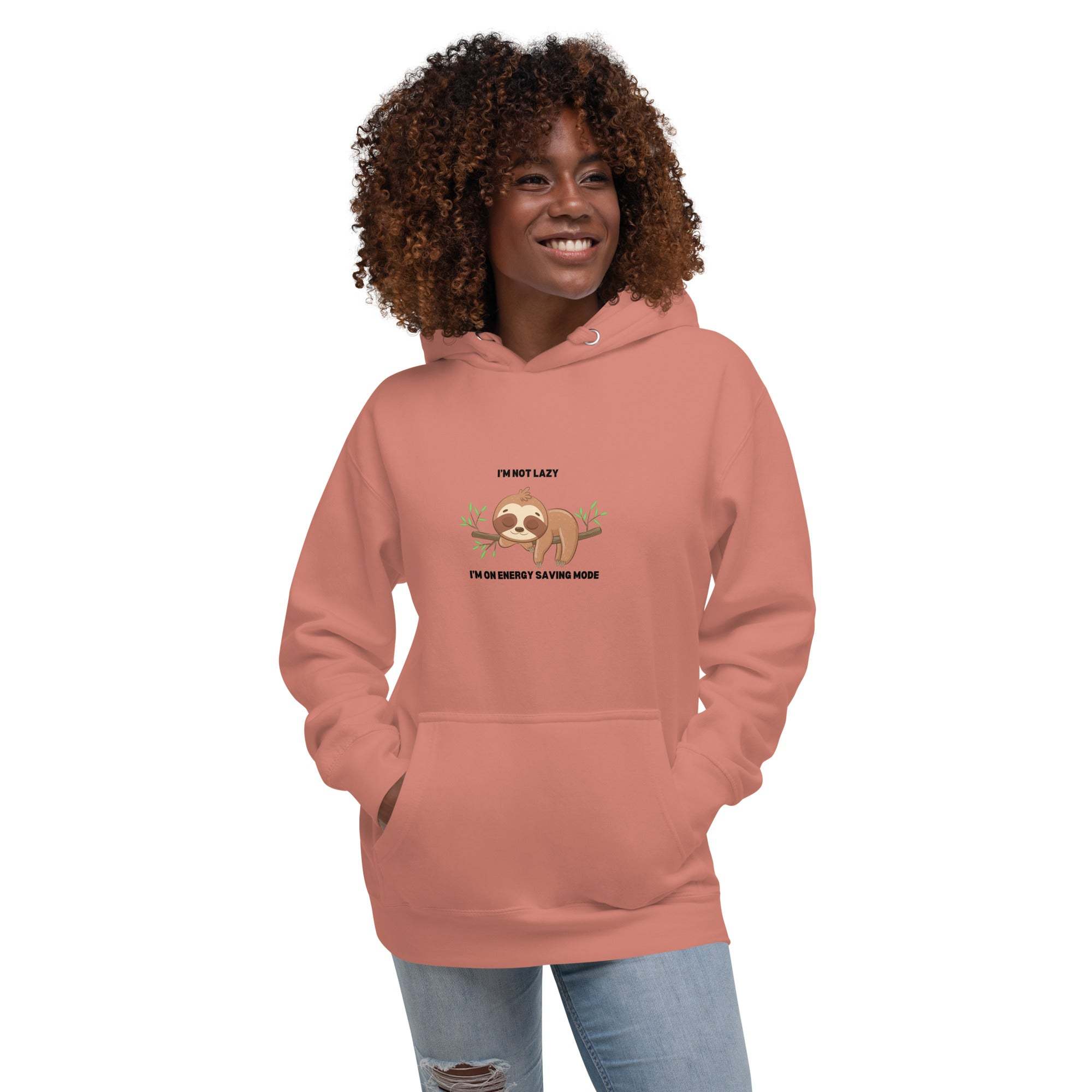 Cute Sloth Hoodie with "I'm Not Lazy, Just Energy Efficient" sloth design on soft fabric sweatshirt