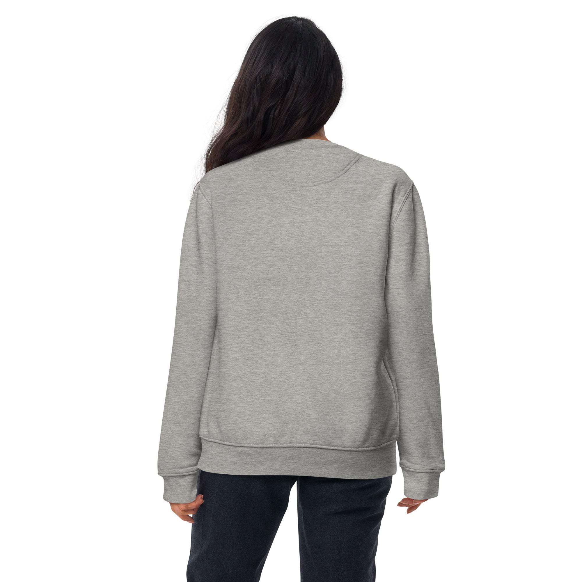 Back view of a person wearing a grey "Just Text Me" sweatshirt, casual unisex crewneck style, soft and cozy material.