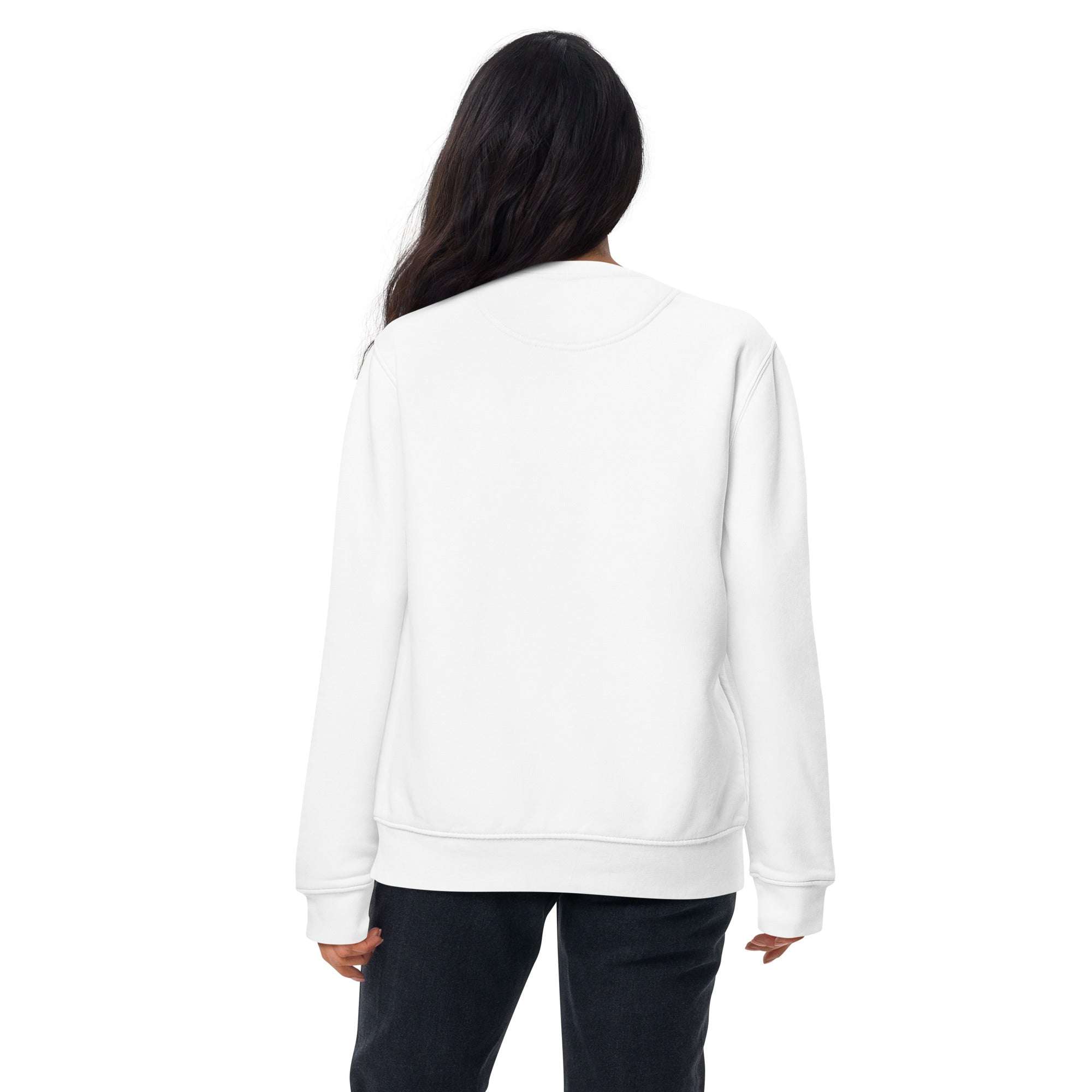 Back view of a person wearing a plain white casual unisex crewneck Text Me sweatshirt