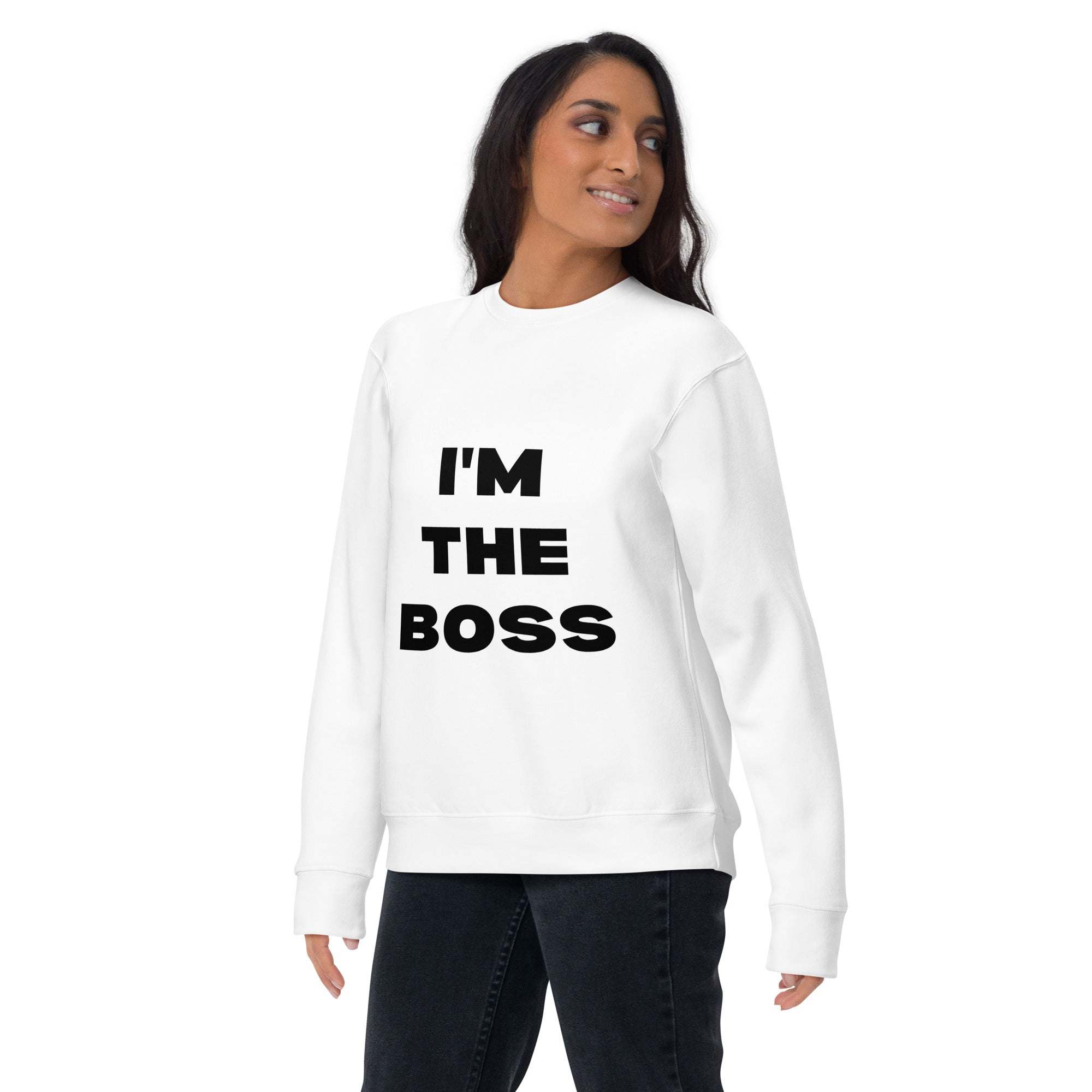 Woman wearing white I'm The Boss sweatshirt with bold black text, casual and comfortable crewneck pullover for confident leaders and entrepreneurs