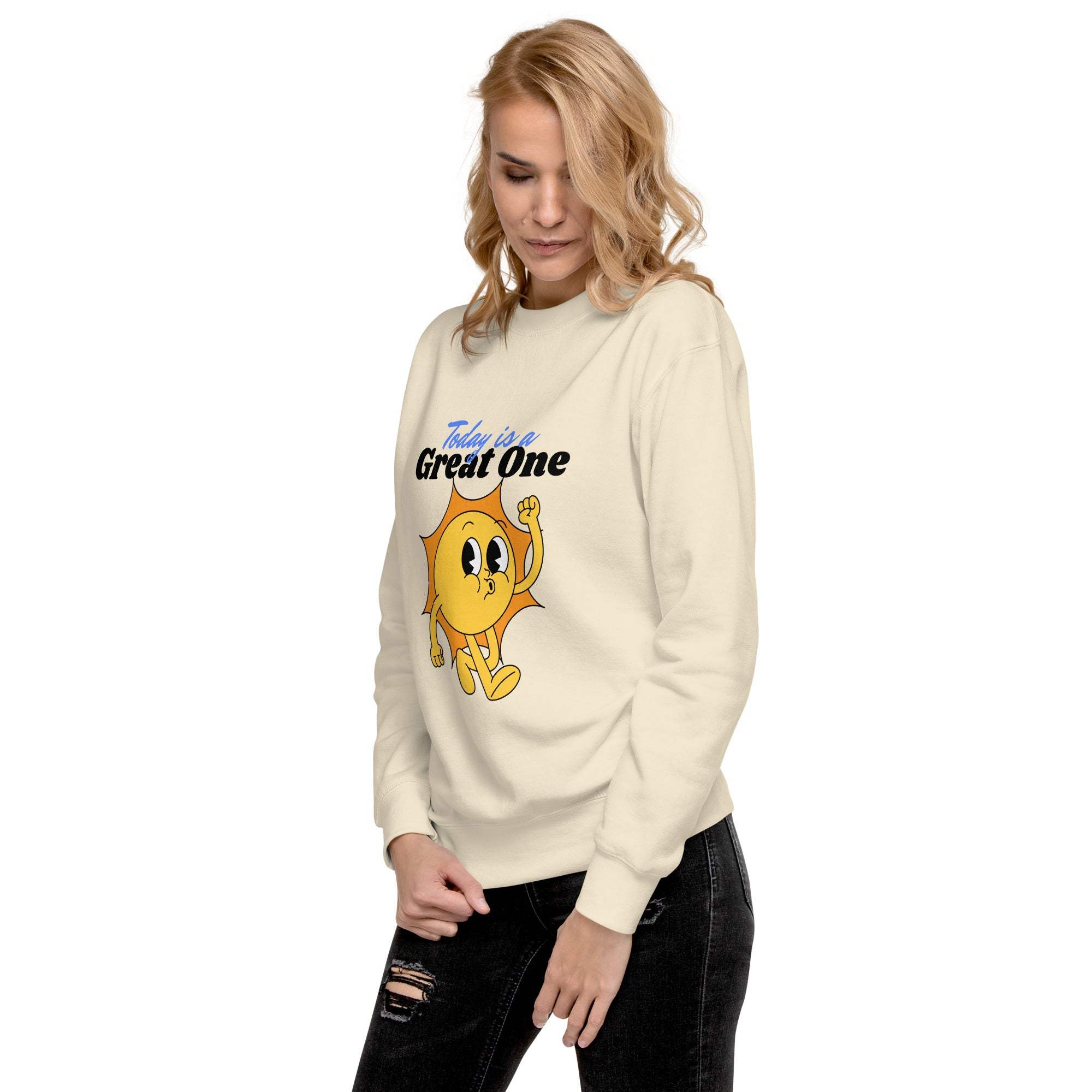 Woman wearing cream Positive Sun Sweatshirt with cheerful sun graphic and motivational quote
