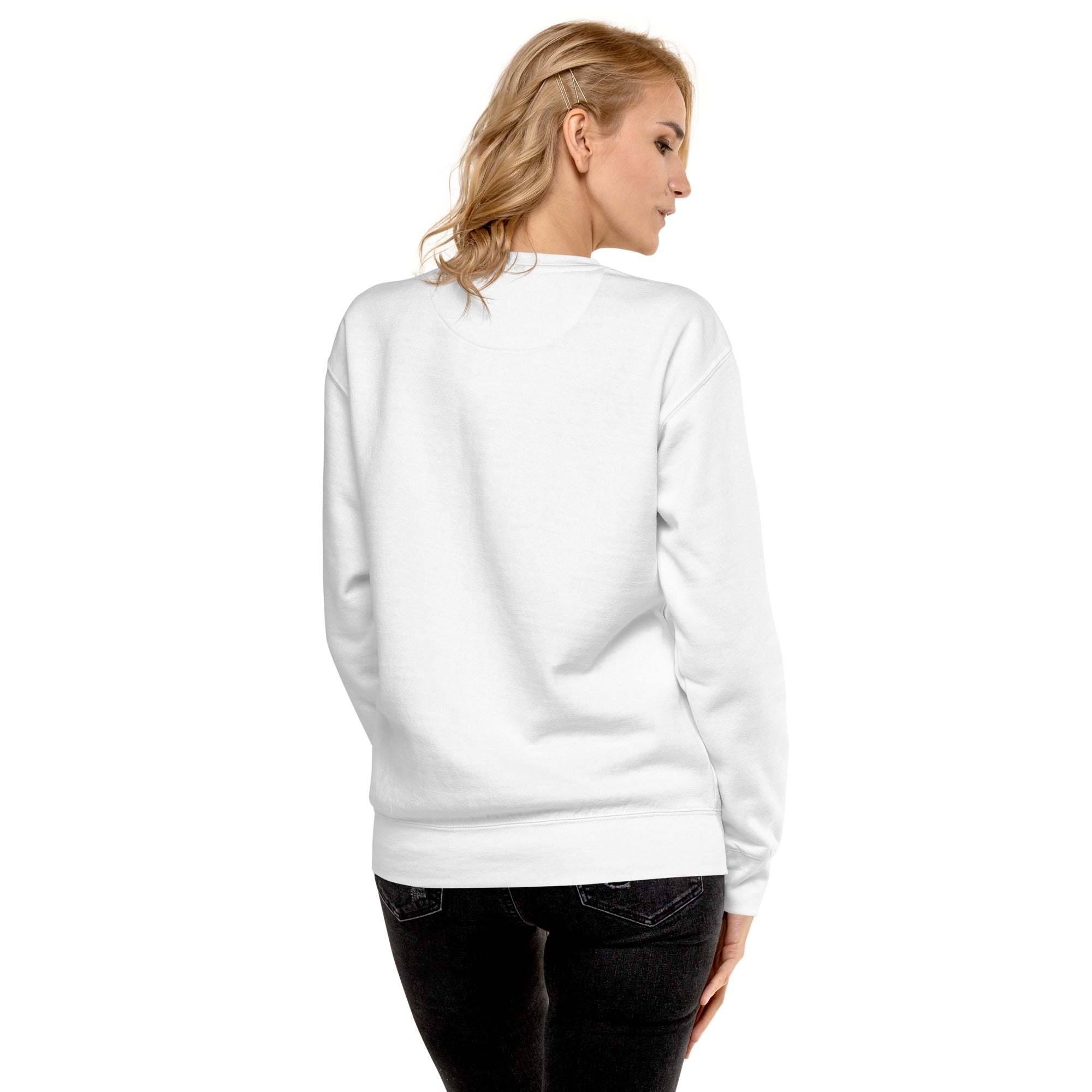 Woman wearing white Positive Sun Sweatshirt with crewneck and long sleeves, back view