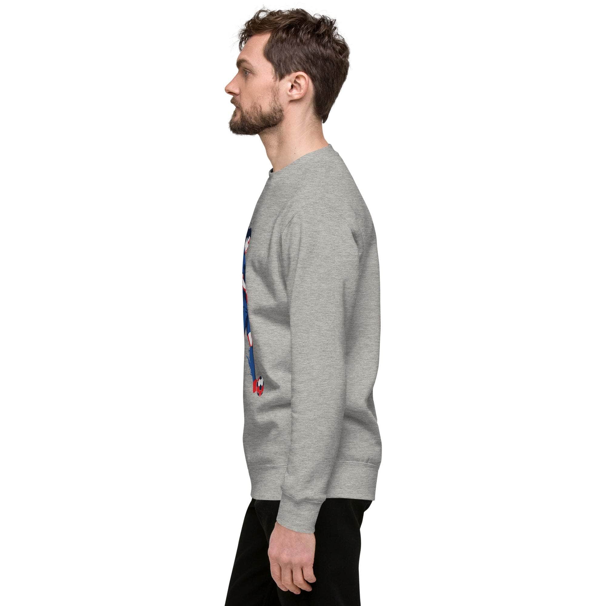 Side view of man wearing gray soccer player sweatshirt with sports graphic and crewneck design