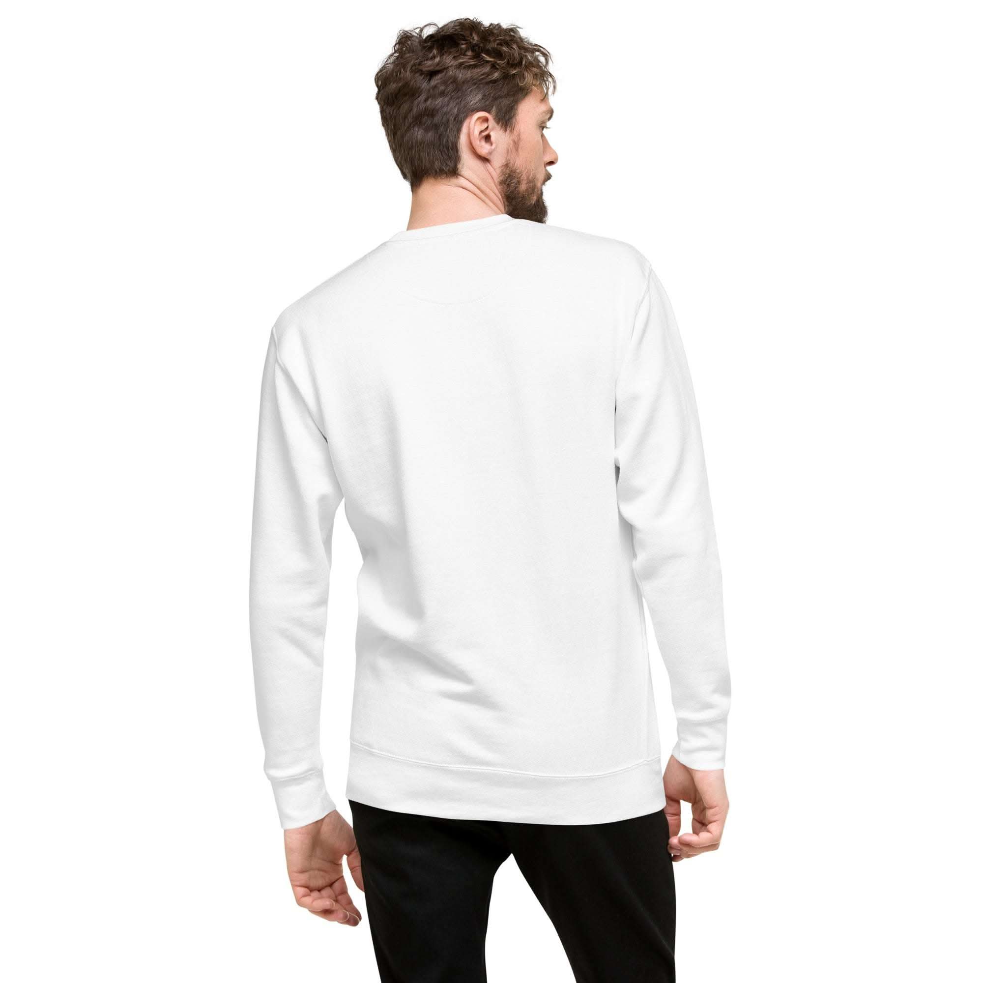 Back view of a man wearing a plain white Soccer Player Sweatshirt with long sleeves and crewneck collar