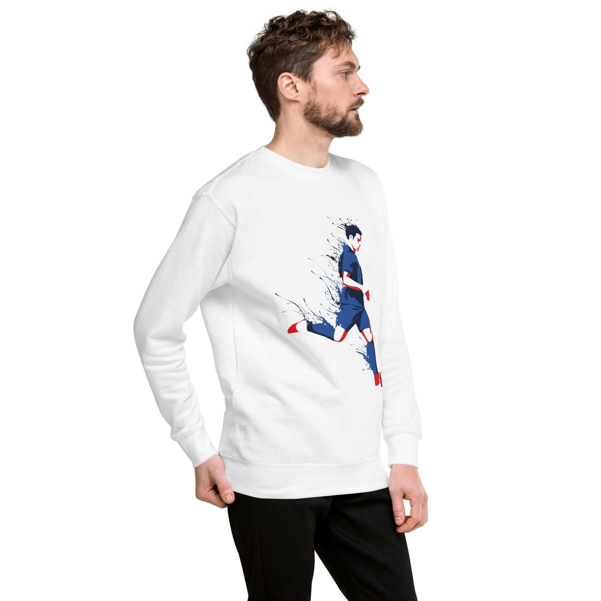 Man wearing white soccer player sweatshirt with graphic design on front