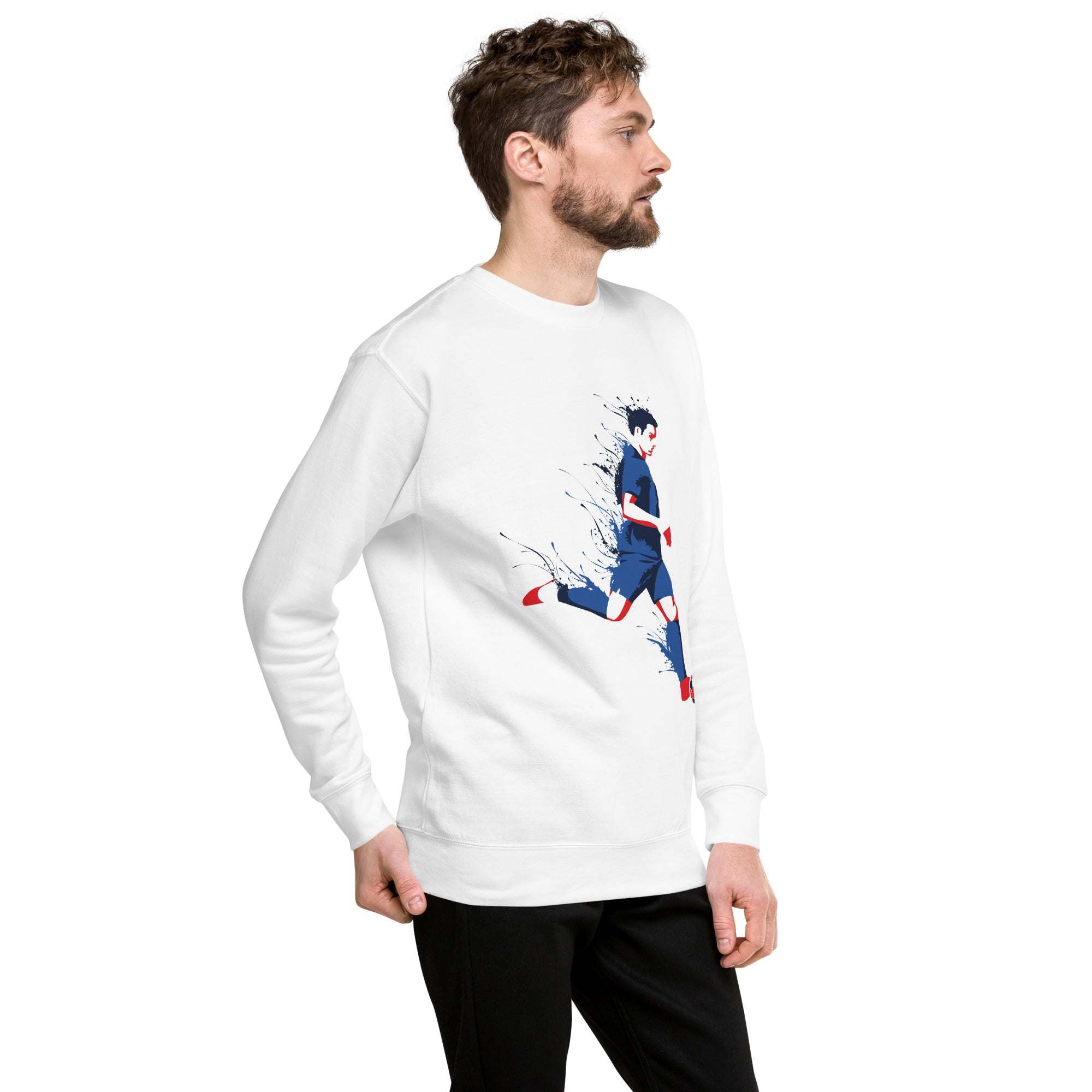 Man wearing white soccer player sweatshirt with graphic design on front