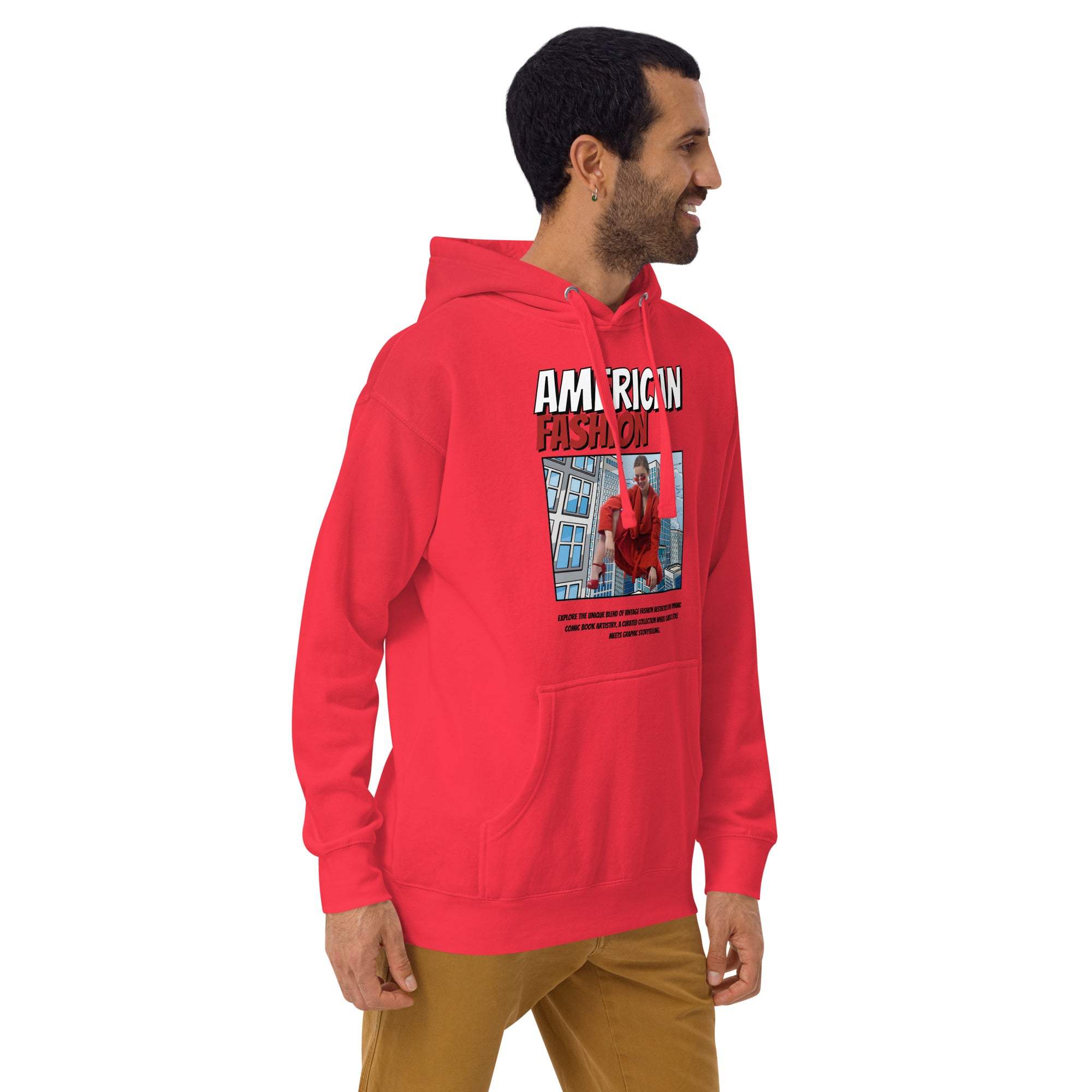 Red vintage American fashion hoodie with streetwear graphic worn by smiling man