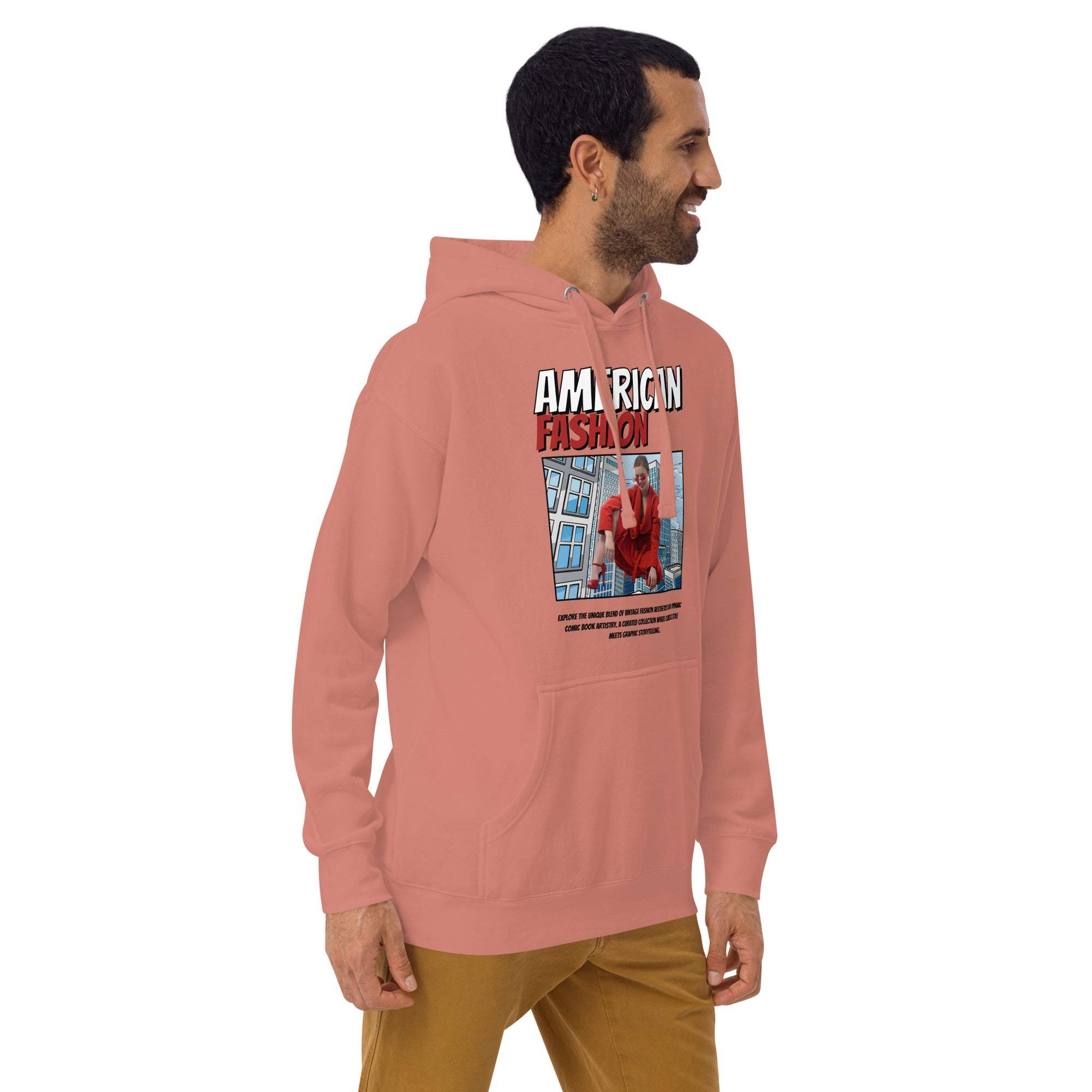 Man wearing vintage American fashion hoodie with streetwear graphic pullover design