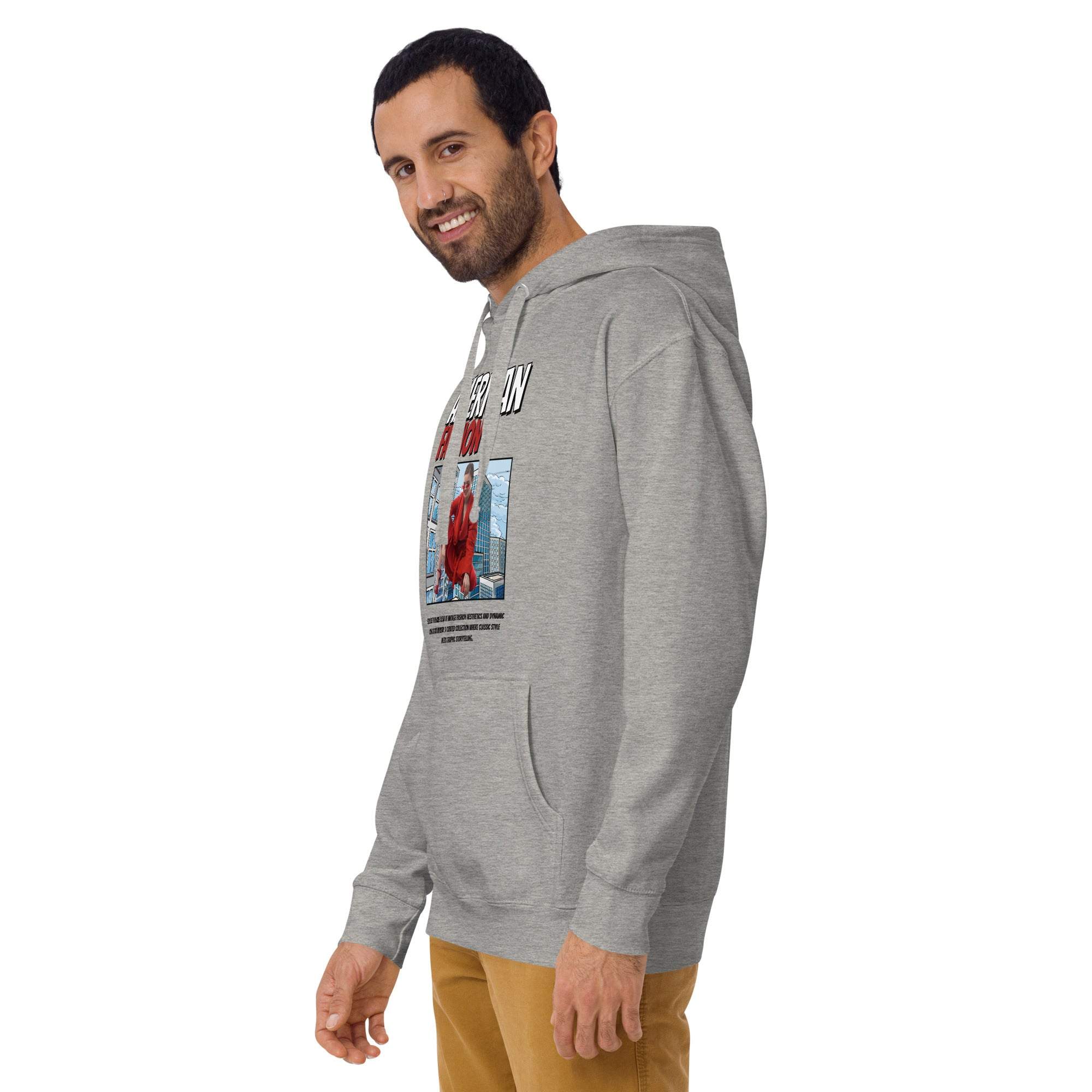 Man wearing grey Vintage American Fashion Hoodie with urban graphic, casual streetwear pullover style