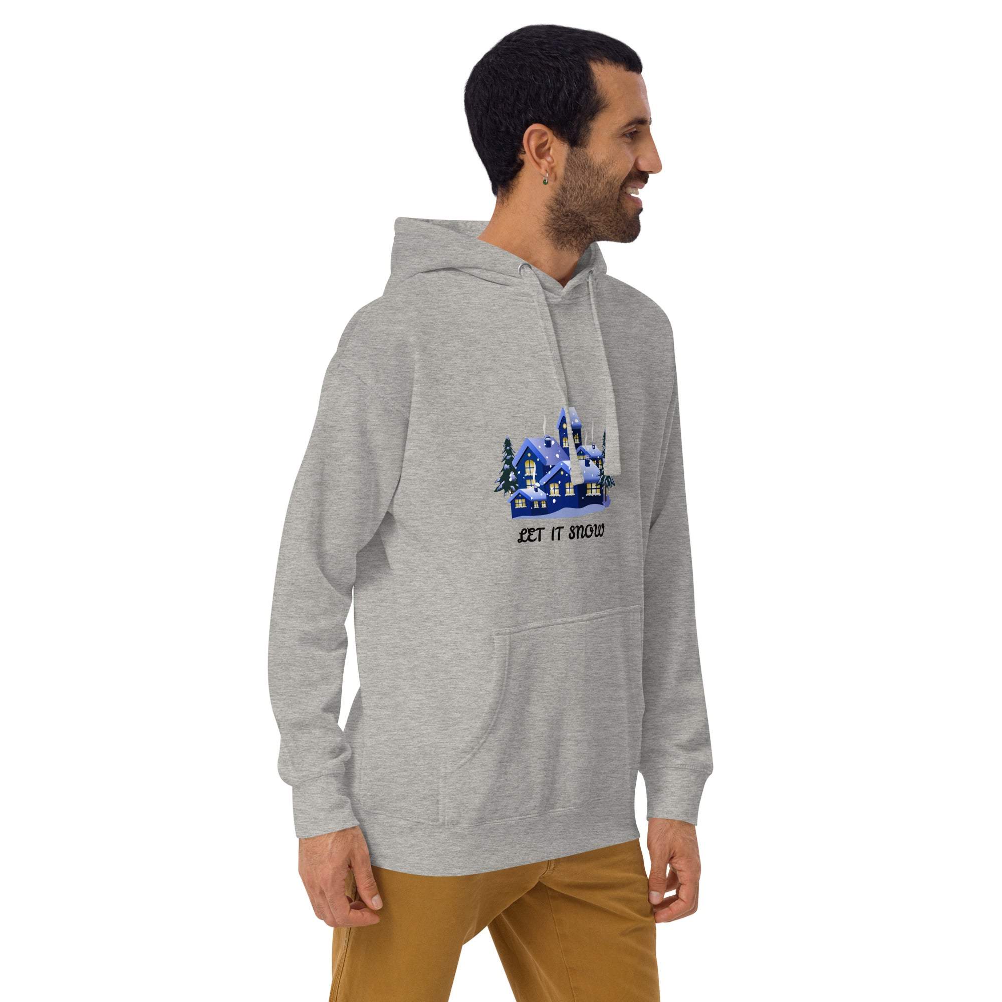Gray Let It Snow Hoodie with snowy village design and front pocket, worn by a man