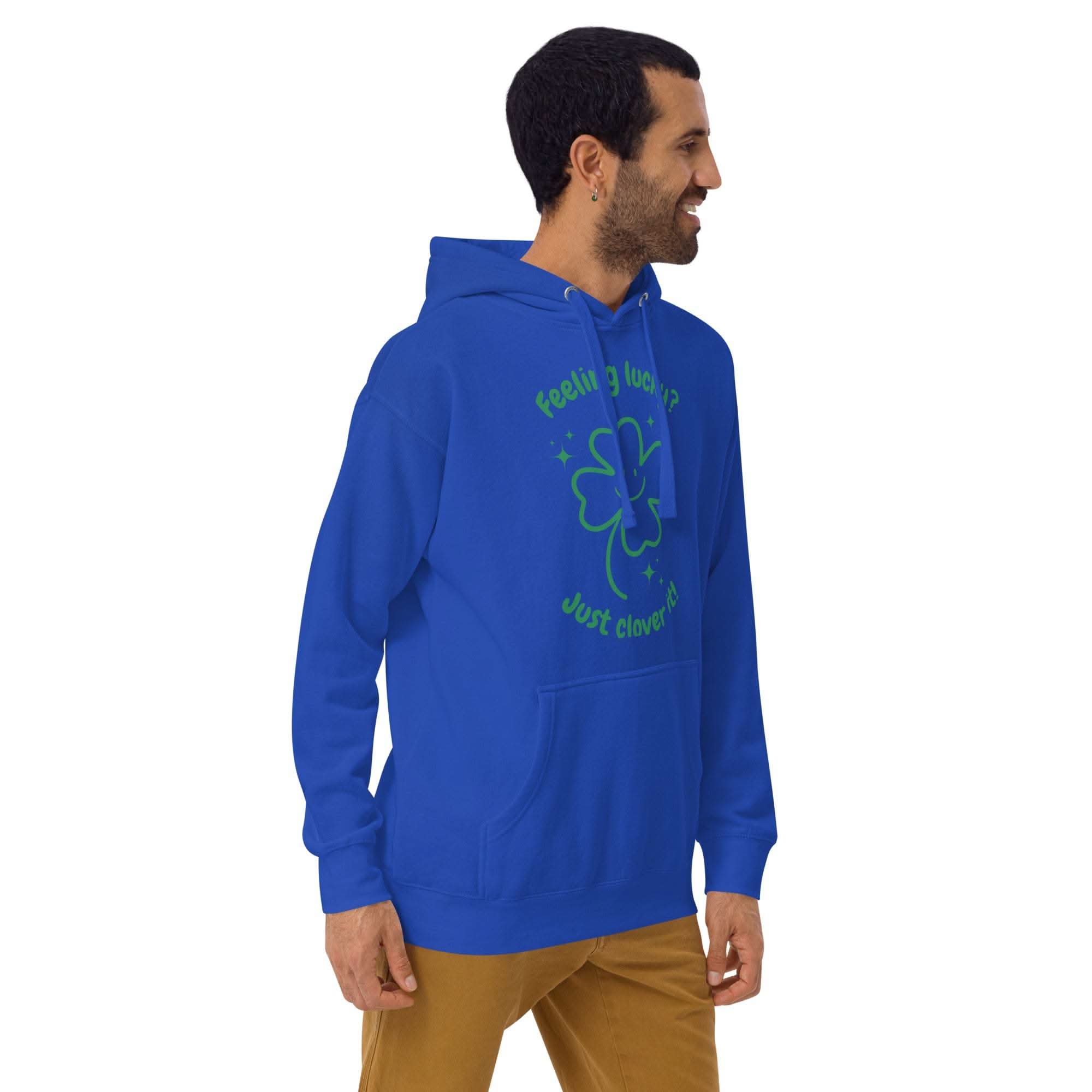 Man wearing a blue Lucky Clover Hoodie with shamrock design for St. Patrick's Day celebration