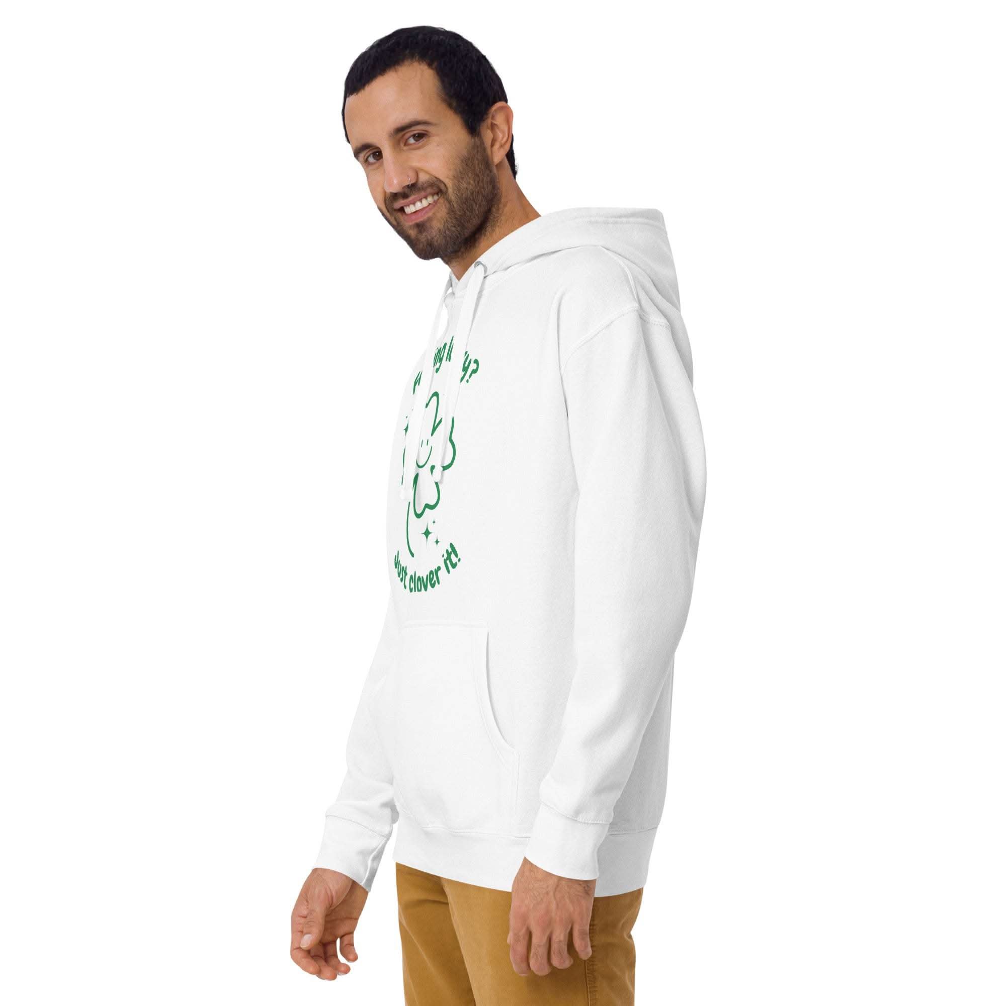 Man wearing white Lucky Clover Hoodie with green shamrock design and kangaroo pocket
