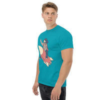 Man wearing turquoise Rocket Ride T-Shirt with retro cartoon rocket and astronaut graphic design