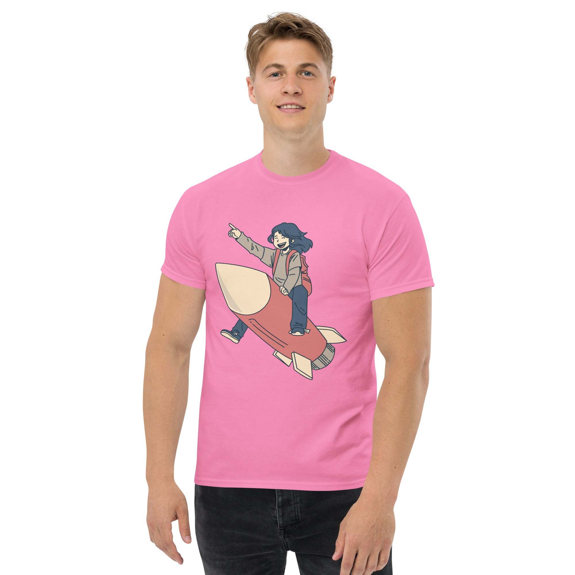 Man wearing pink Rocket Ride T-Shirt with retro cartoon anime girl riding a rocket graphic