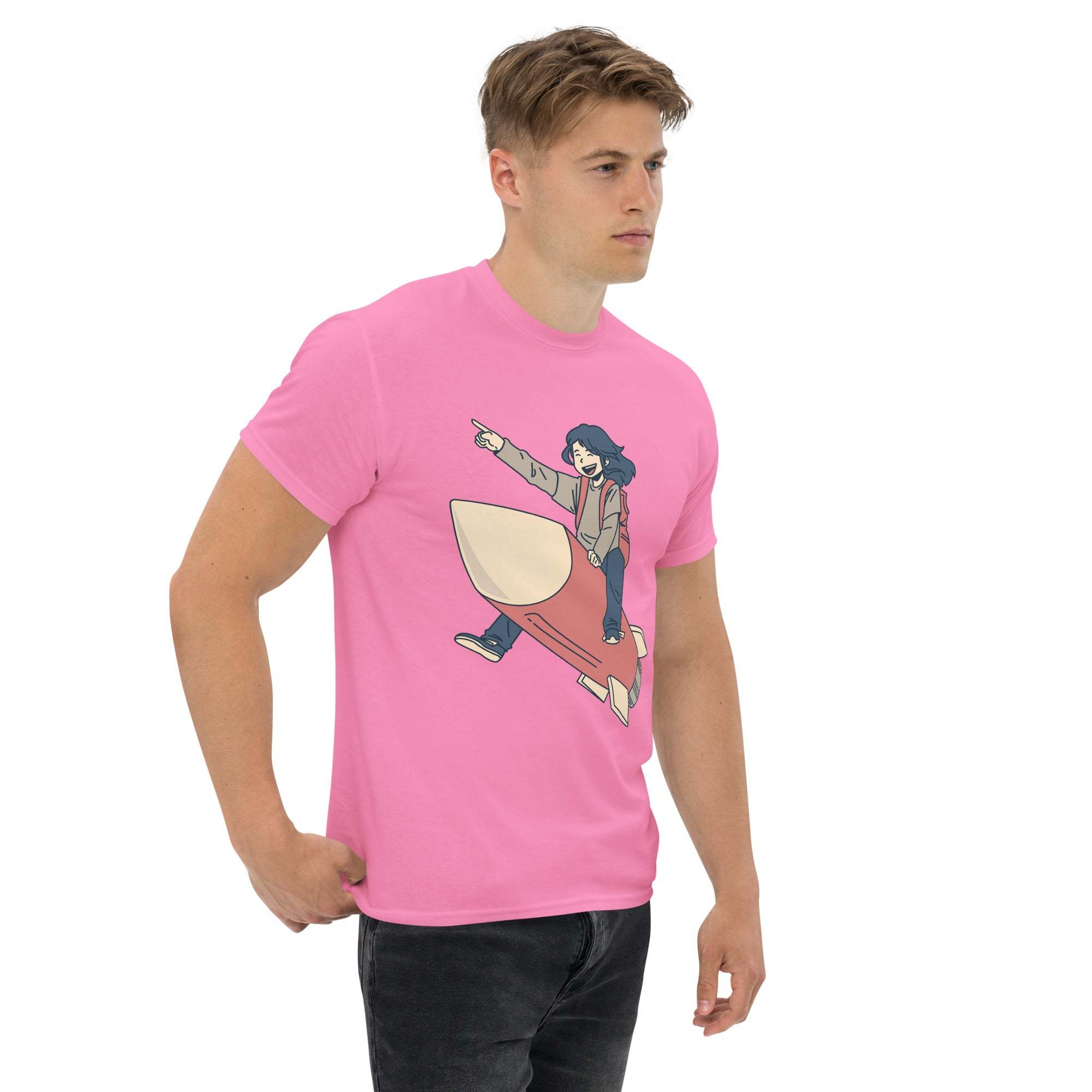 Man wearing pink Rocket Ride T-Shirt with retro cartoon rocket and space adventure design