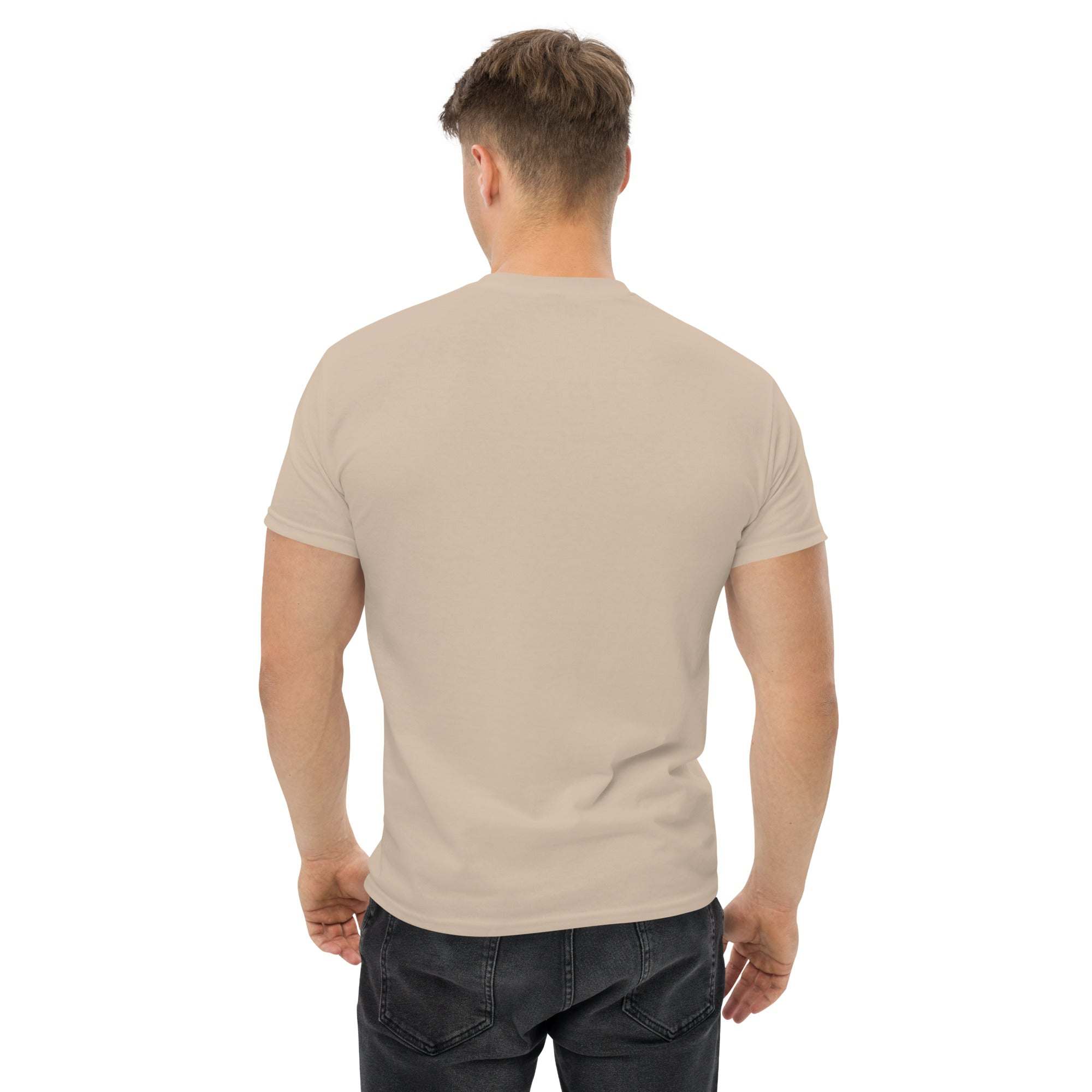 Back view of a man wearing a beige Rocket Ride T-Shirt with a unisex fit and casual style